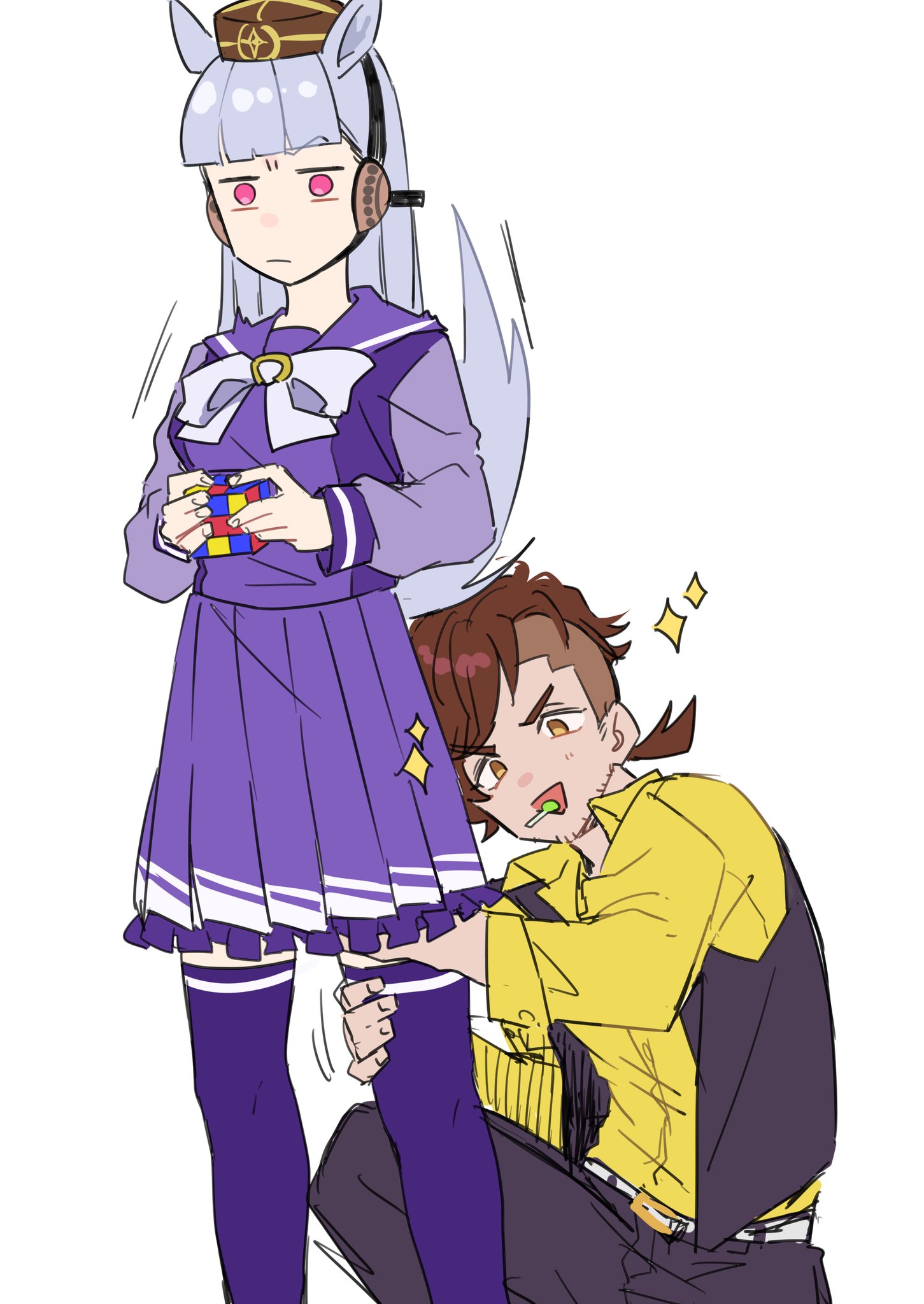 nekoma hikaru, gold ship (umamusume), team spica's trainer, trainer (umamusume), umamusume, commentary request, highres, 1boy, 1girl, alternate legwear, animal ears, black pants, blunt bangs, blush, bow, brown eyes, brown hair, candy, closed mouth, embarrassed, food, grey hair, hand under clothes, hand under skirt, horse ears, horse girl, horse tail, jacket, lollipop, pants, pink eyes, pleated skirt, purple shirt, purple skirt, purple thighhighs, rubik's cube, school uniform, shirt, skirt, sparkle, sparse stubble, tail, thighhighs, tracen school uniform, v-shaped eyebrows, yellow jacket
