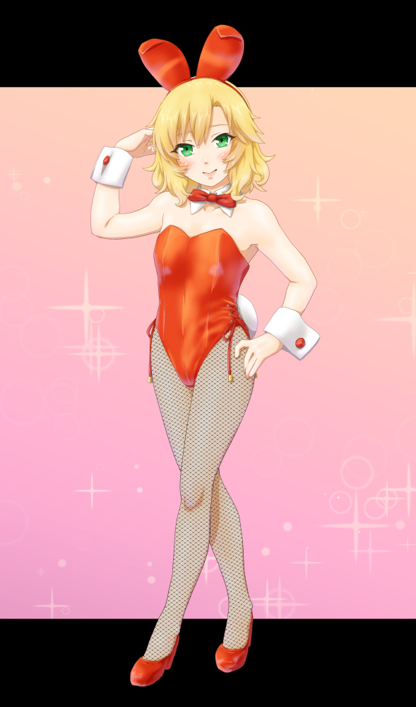 zilver-01, sakurai momoka, idolmaster, idolmaster cinderella girls, 1girl, animal ear hairband, animal ears, blonde hair, bow, bowtie, breasts, detached collar, fake animal ears, fishnet pantyhose, fishnets, full body, gradient background, green eyes, hairband, hand on own hip, high heels, leotard, pantyhose, pink background, playboy bunny, rabbit ears, rabbit tail, red bow, red bowtie, red leotard, red shoes, shoes, short hair, side-tie leotard, small breasts, solo, sparkle background, standing, strapless, strapless leotard, tail, wrist cuffs