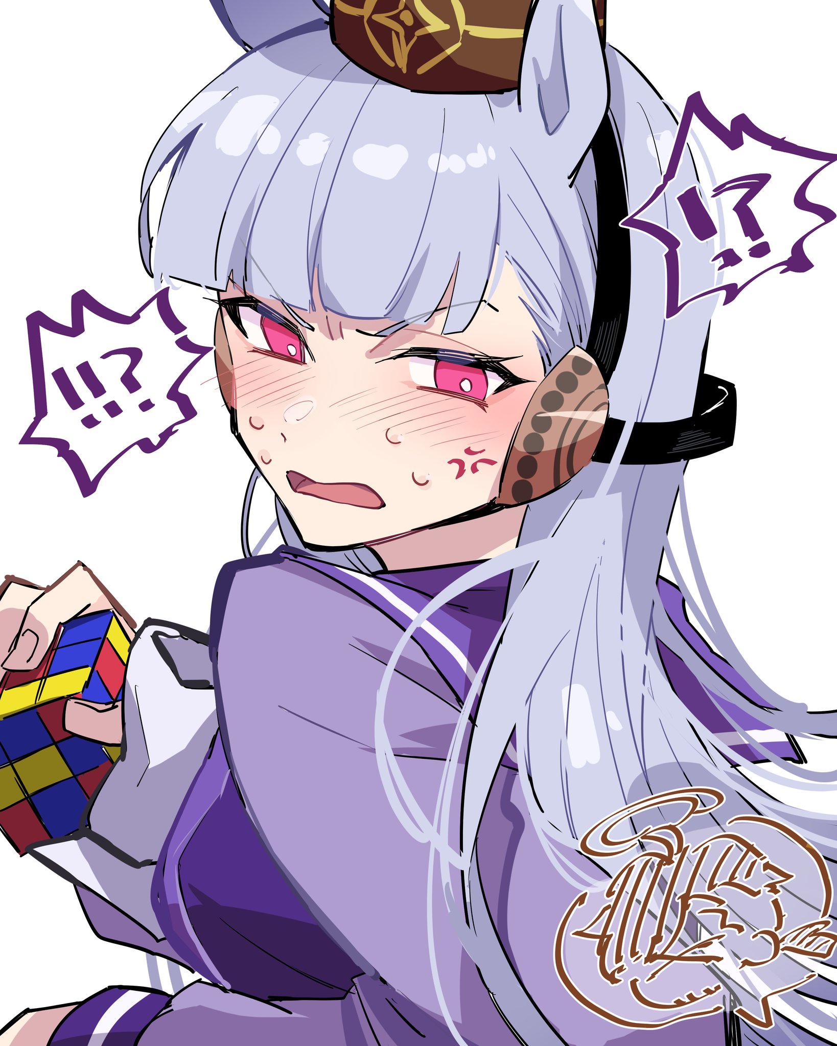 nekoma hikaru, gold ship (umamusume), team spica's trainer, trainer (umamusume), umamusume, highres, 1girl, anger vein, animal ears, bright pupils, embarrassed, horse ears, horse girl, long hair, open mouth, purple shirt, rubik's cube, shirt, solo, speech bubble, spoken character, white background, white pupils