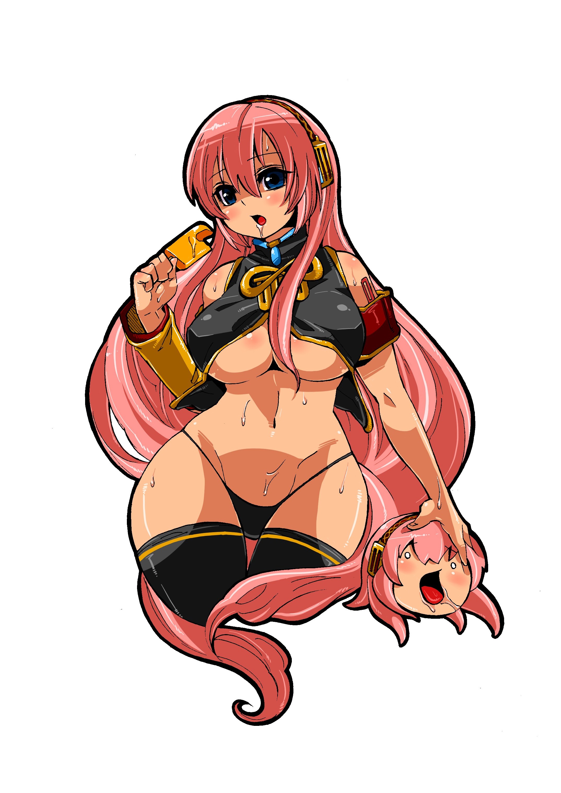 doboshiru, megurine luka, takoluka, vocaloid, absurdres, bad id, bad pixiv id, highres, blue eyes, breasts, curvy, food, headphones, hip focus, large breasts, long hair, panties, pink hair, popsicle, saliva, solo, sweat, thighhighs, underboob, underwear, very long hair, wide hips
