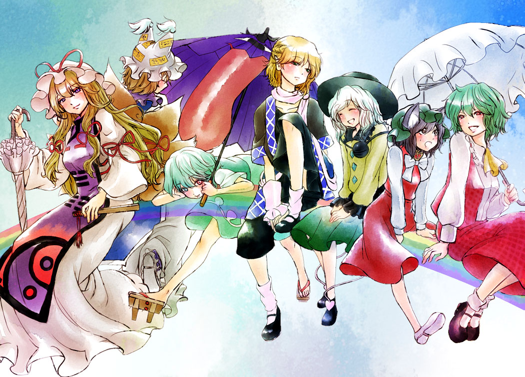 sada noriko, sunata, chen, kazami yuuka, komeiji koishi, mizuhashi parsee, tatara kogasa, yakumo ran, yakumo yukari, touhou, silver hair, 6+girls, animal ears, animal hat, arm warmers, ascot, blonde hair, blue eyes, blue hair, brown hair, cat ears, cat girl, cat tail, female focus, fox tail, geta, green eyes, green hair, hand fan, hat, hat ribbon, heterochromia, karakasa obake, long hair, long sleeves, mary janes, mob cap, multiple girls, multiple tails, parasol, plaid clothes, plaid skirt, plaid vest, pointy ears, purple eyes, rainbow, rainbow path, red eyes, ribbon, sandals, scarf, shoes, short hair, short sleeves, sitting, skirt, skirt set, sky, smile, socks, tail, tassel, tongue, umbrella, vest, wide sleeves