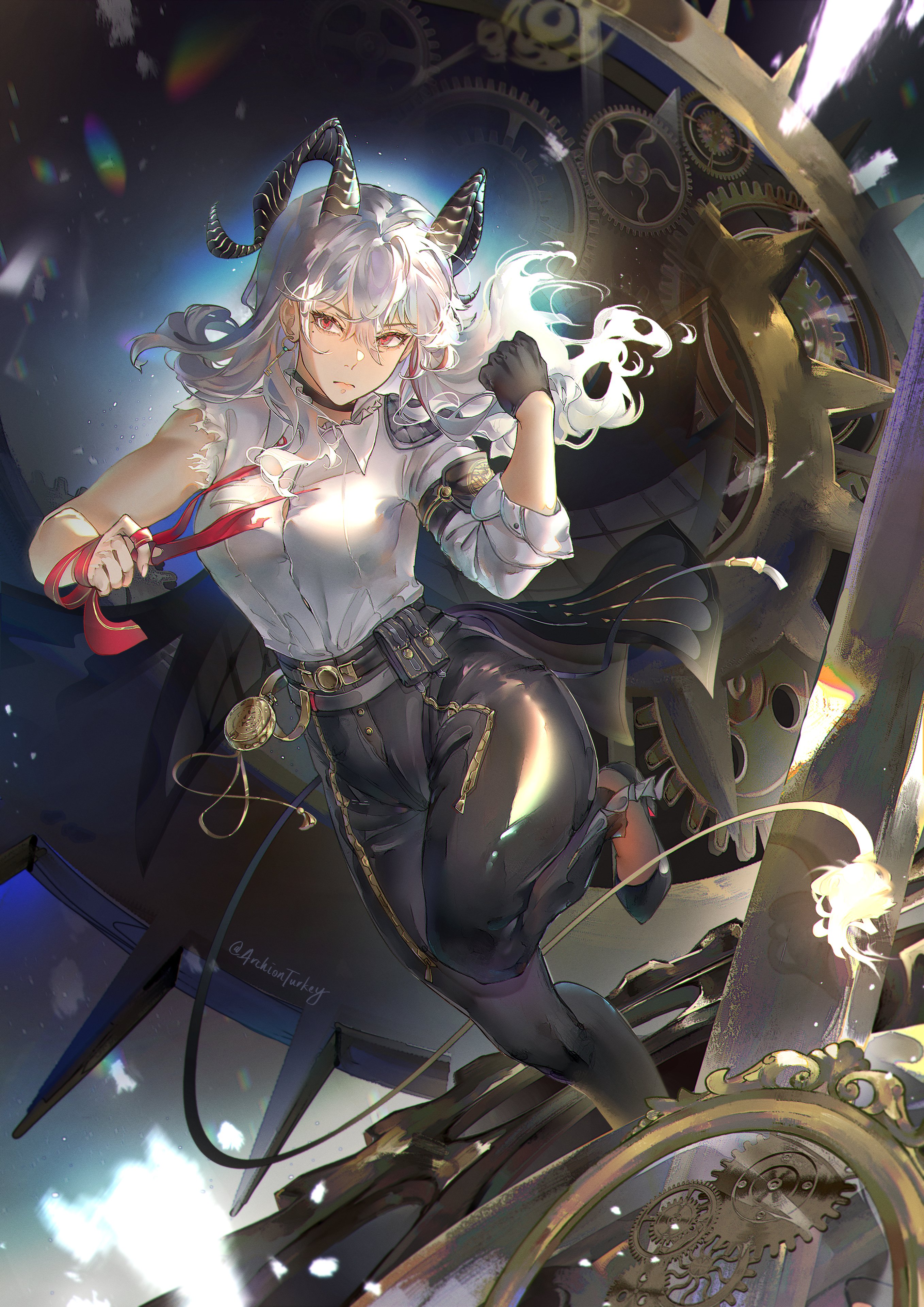 zani (wuthering waves), wuthering waves, absurdres, highres, 1girl, aegyo sal, animal ears, archionturkey, belt, belt pouch, black gloves, clenched hand, collared shirt, cow tail, curled horns, full body, gears, gloves, goat horns, hair between eyes, half gloves, hand up, high heels, holding, holding ribbon, horns, knee up, lens flare, lion tail, long hair, looking at viewer, pouch, pumps, red eyes, ribbon, scenery, serious, shirt, shirt tucked in, shoulder belt, single glove, single half glove, solo, standing, standing on one leg, tail, thick thighs, thighs, torn clothes, torn ribbon, torn sleeve, wavy hair, white hair, white shirt