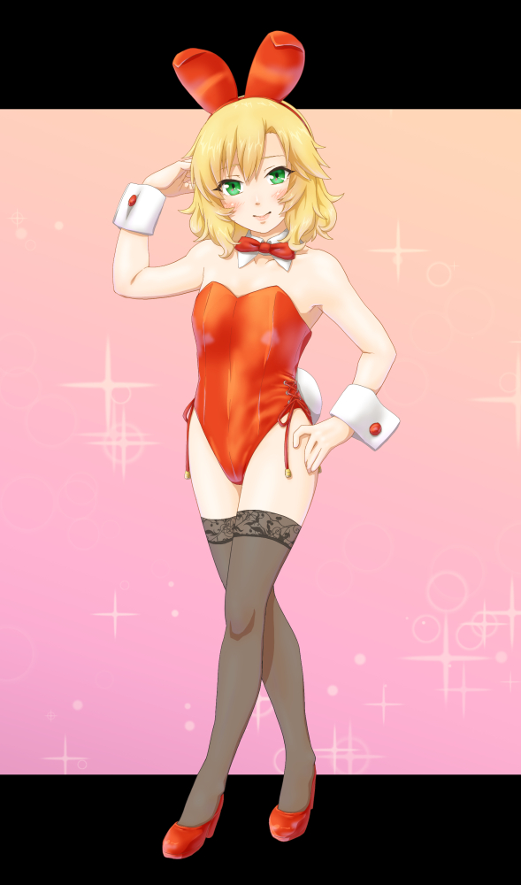 zilver-01, sakurai momoka, idolmaster, idolmaster cinderella girls, 1girl, animal ear hairband, animal ears, black thighhighs, blonde hair, bow, bowtie, breasts, detached collar, fake animal ears, full body, gradient background, green eyes, hairband, hand on own hip, high heels, lace, lace thighhighs, leotard, pink background, playboy bunny, rabbit ears, rabbit tail, red bow, red bowtie, red leotard, red shoes, shoes, short hair, side-tie leotard, small breasts, solo, sparkle background, standing, strapless, strapless leotard, tail, thighhighs, wrist cuffs