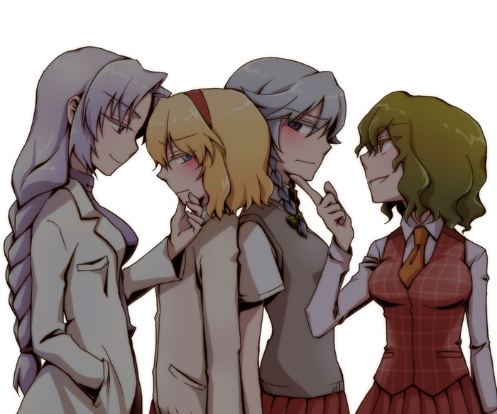 megumiya, alice margatroid, izayoi sakuya, kazami yuuka, yagokoro eirin, touhou, looking away, silver hair, bad id, bad pixiv id, 4girls, alternate costume, blonde hair, blue eyes, blush, braid, casual, female focus, grabbing another's chin, green hair, hairband, hand on another's chin, lab coat, long hair, multiple girls, necktie, plaid clothes, plaid vest, pleated skirt, red eyes, school uniform, short hair, simple background, skirt, vest, white background