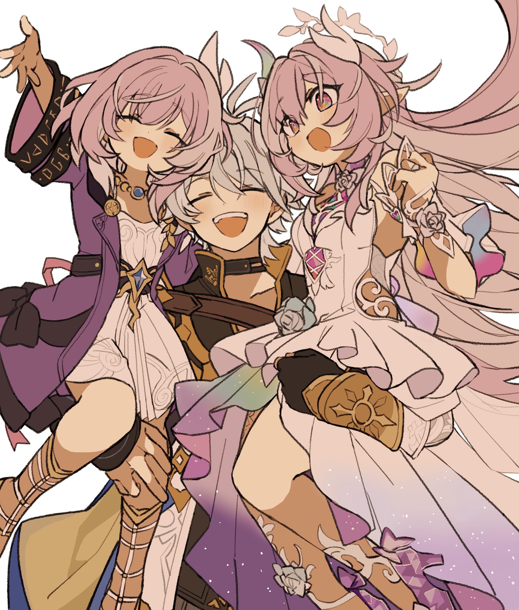 iwashi (iwashi008), cyrene (aedes elysiae) (honkai: star rail), cyrene (honkai: star rail), cyrene (ripples of past reverie) (honkai: star rail), phainon (honkai: star rail), honkai: star rail, honkai (series), highres, 2girls, alternate breast size (smaller), breasts, coat, diamond-shaped pupils, diamond (shape), dress, dual persona, hair ornament, halo, high heels, jewelry, long hair, multicolored hair, multiple girls, necklace, open mouth, pink hair, purple coat, purple eyes, short hair, simple background, small breasts, smile, symbol-shaped pupils, two-tone hair, very long hair, white background, white dress, white hair