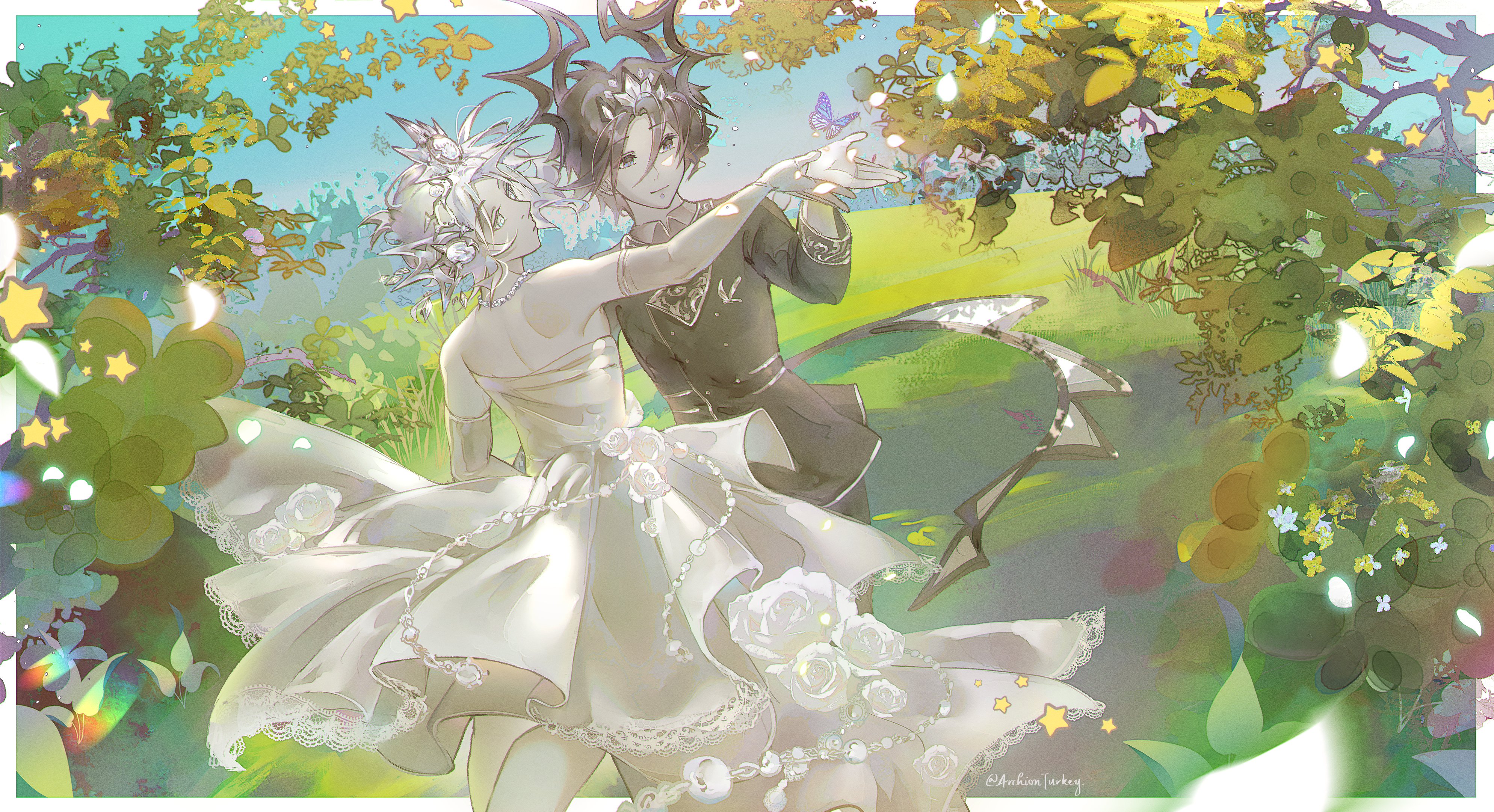 forsaken (roblox), absurdres, highres, 2boys, archionturkey, black eyes, black hair, black tunic, border, bug, bush, butterfly, butterfly on hand, dancing, dress, dual persona, elbow gloves, feet out of frame, flower, gloves, halo, halo behind head, holding hands, insect, layered dress, leaf, lens flare, male focus, multiple boys, outdoors, outside border, rose, scenery, smile, spawn (roblox), tail, tiara, tree, tunic, two time (forsaken), white border, white dress, white flower, white gloves, white rose