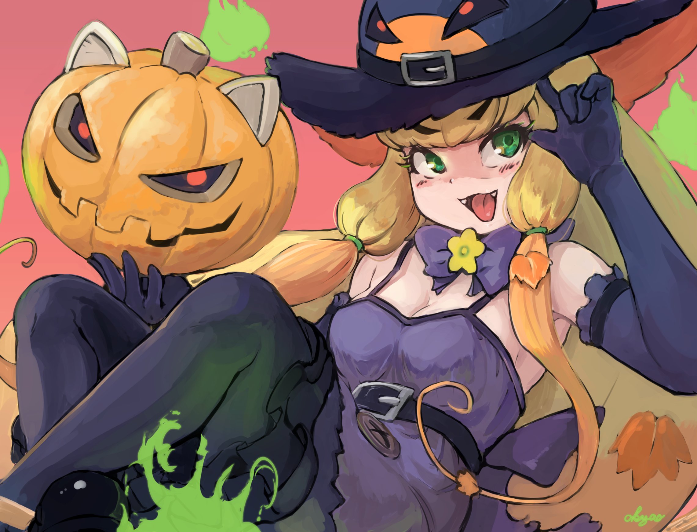 okyao, jack-o'-lantern (kemono friends), kemono friends, kemono friends 3, highres, 1girl, :p, bare shoulders, black gloves, black hat, black pantyhose, blonde hair, blush, dress, elbow gloves, fangs, frilled dress, frilled gloves, frills, gloves, green eyes, hat, jack-o'-lantern, long hair, multicolored hair, official alternate costume, open mouth, orange hair, pantyhose, plant hair, purple dress, sidelocks, sleeveless, solo, spaghetti strap, tongue, tongue out, witch hat