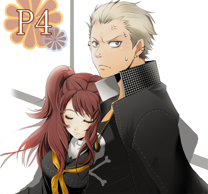 kobanagi, kujikawa rise, tatsumi kanji, atlus, persona, persona 4, bad id, bad pixiv id, 1boy, 1girl, anger vein, angry, blush, brown hair, closed eyes, couple, ear piercing, earrings, grey eyes, grey hair, head rest, jewelry, piercing, scar, school uniform, sweat, sweatdrop, twintails, veins