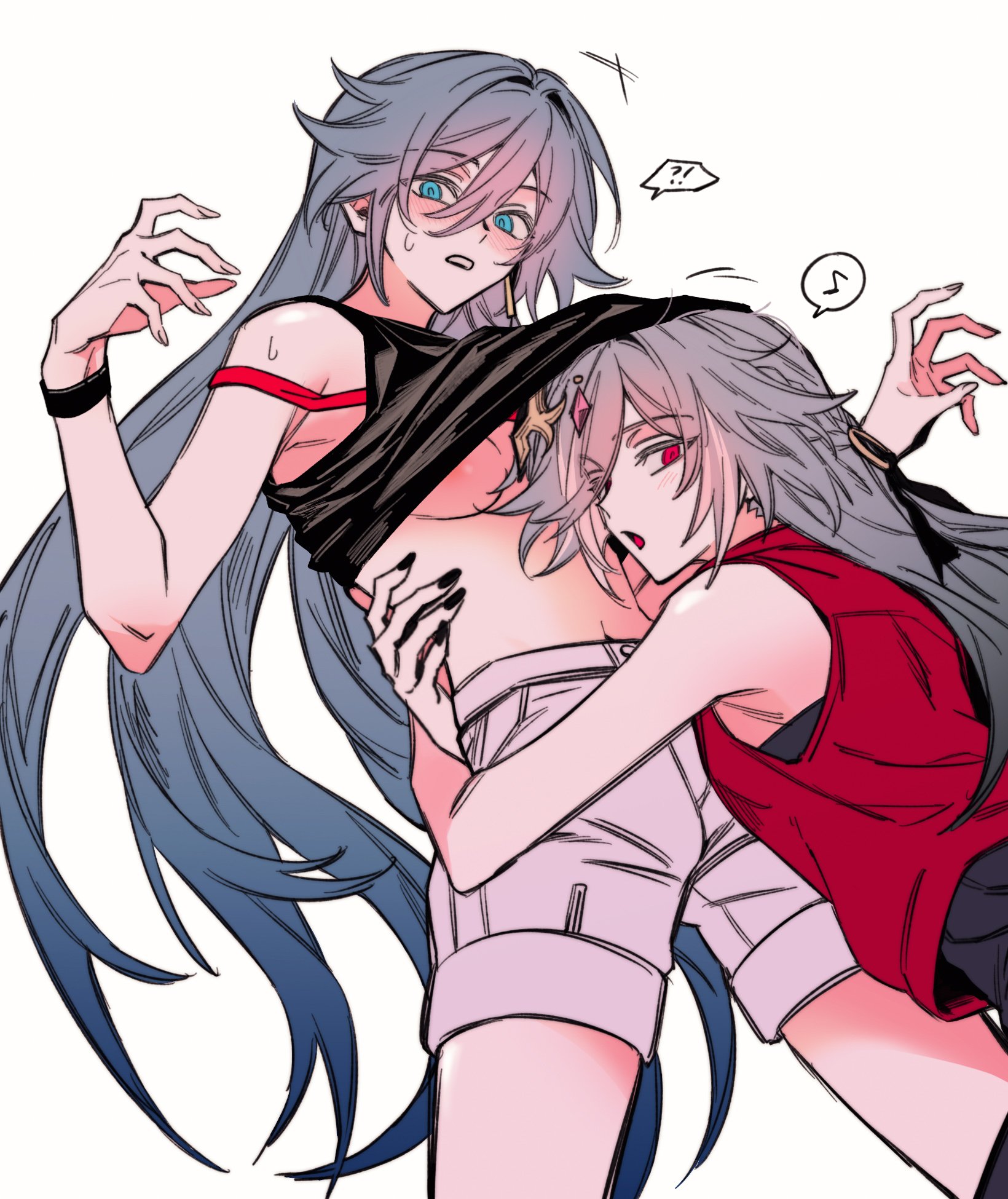 tthhdddd, fu hua, herrscher of sentience, honkai (series), honkai impact 3rd, commentary request, highres, !?, 2girls, black nails, black shirt, blue eyes, bra, breasts, gem hair ornament, grey hair, jacket, long hair, multiple girls, musical note, navel, nipple slip, nipples, red bra, red eyes, red jacket, shirt, shorts, simple background, small breasts, spoken musical note, stomach, underwear, very long hair, white background, white shorts, yuri