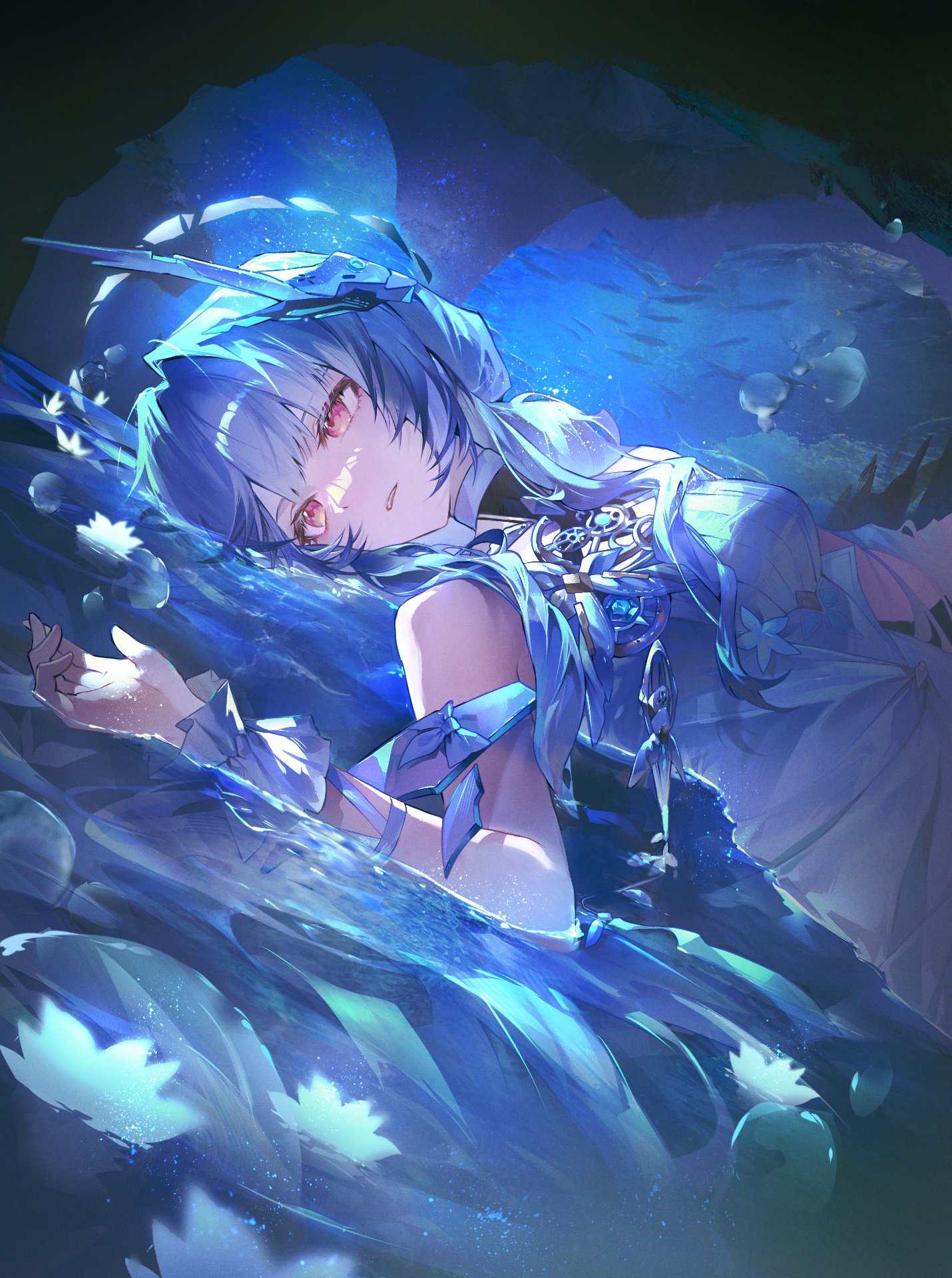 fsuusux, liv: limpidity (pgr), liv (pgr), punishing: gray raven, commentary, highres, 1girl, bare shoulders, blue theme, breasts, dress, hand up, headgear, looking ahead, looking to the side, lying, lying on water, medium breasts, on back, parted lips, red eyes, solo, turning head, white dress