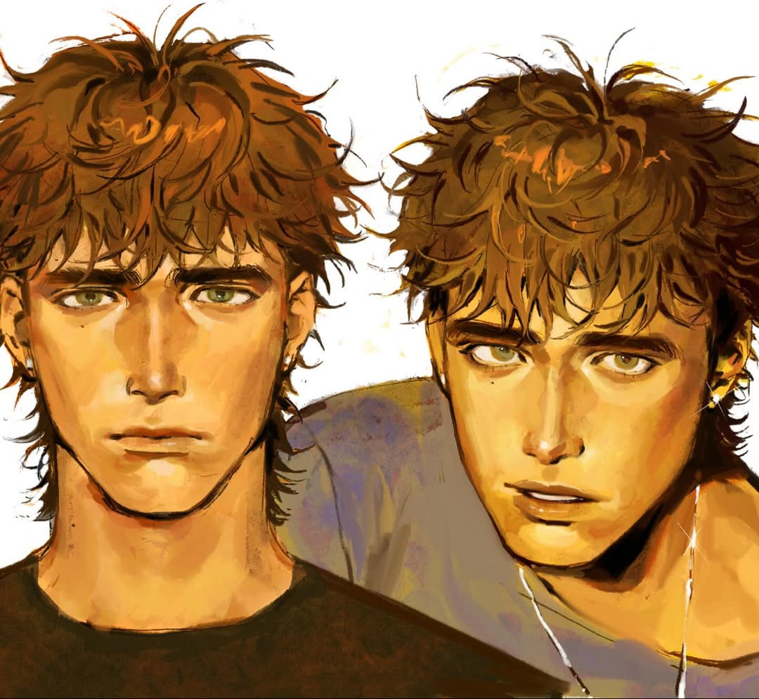 kunnuscumnus, original, silver necklace, commentary, english commentary, 1boy, black shirt, brown hair, closed mouth, earrings, from above, green eyes, grey shirt, jewelry, looking at viewer, messy hair, mole, mole on forehead, mole on neck, mole under eye, mullet, multiple views, necklace, parted lips, portrait, rowan (kunnuscumnus), shirt, simple background, stud earrings, teeth, thick eyebrows, undercut, wavy hair, white background, yellow theme