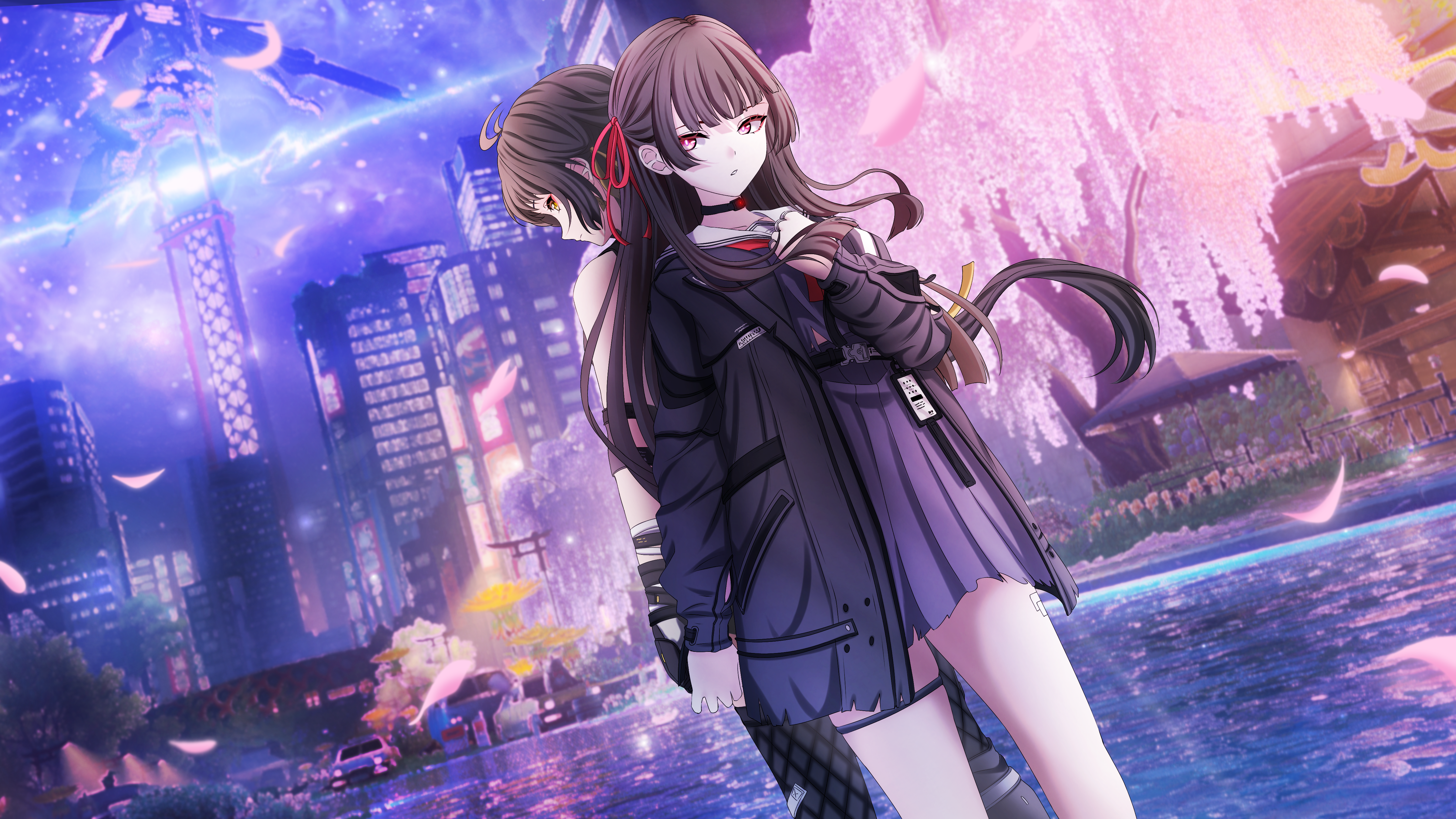 asutokun th, chisa (wuthering waves), female rover (wuthering waves), rover (wuthering waves), wuthering waves, absurdres, commentary, english commentary, highres, revision, 2girls, back-to-back, black choker, black hair, black jacket, black serafuku, black shirt, black skirt, choker, hair ribbon, hand on own chest, hand up, jacket, long hair, long sleeves, multiple girls, outdoors, parted lips, pink petals, red eyes, red ribbon, ribbon, sailor collar, school uniform, serafuku, shirt, skirt, thigh strap, thighs, white sailor collar, yellow eyes