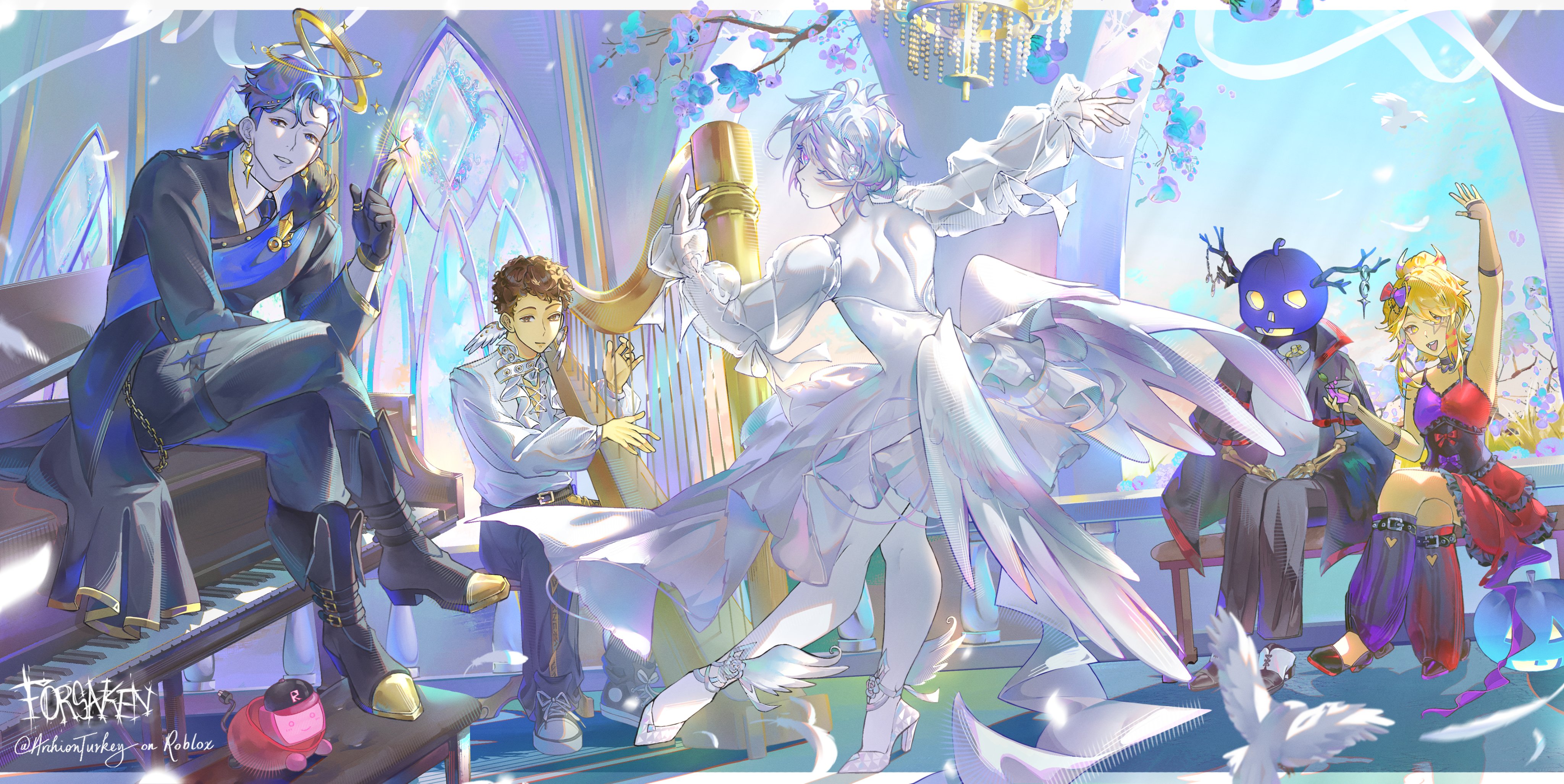forsaken (roblox), roblox, absurdres, character request, check character, highres, 1girl, 1other, 3boys, alternate costume, antlers, arched window, archionturkey, arm up, belt, bench, bird, black jacket, blonde hair, blouse, blue hair, blue sash, boots, brown hair, chandelier, crossed legs, dancing, day, detached sleeves, dove, dress, dutch angle, elliot (roblox), everyone, full body, grand piano, grin, guest 1337 (roblox), hair bun, halo, hand up, hands on lap, harp, horns, instrument, jacket, layered dress, leg warmers, letterboxed, looking at viewer, matt dusek, multiple boys, music, object head, outside border, outstretched arm, piano, playing instrument, pumpkin head, sash, scenery, shedletsky (roblox), shirt, shirt tucked in, short hair, sitting, sitting on piano, smile, stained glass, streamers, tile floor, tiles, tree, two time (forsaken), white dress, white hair, white shirt, window