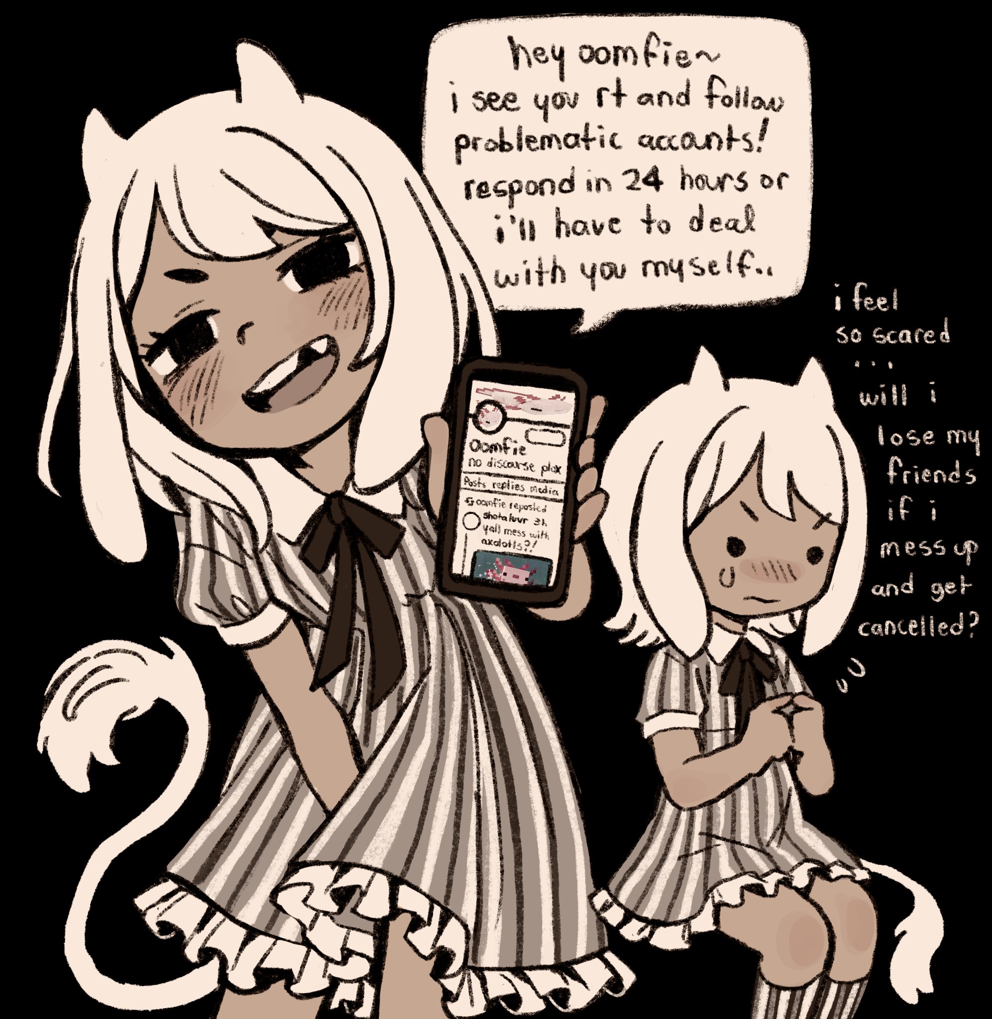 snugglepuff28, axolotl (minecraft), original, twitter, highres, 1girl, :d, between legs, black background, black dress, black ribbon, black socks, blush, cellphone, collared dress, cowboy shot, dark skin, dress, feet out of frame, fidgeting, frilled dress, frills, grey dress, grey socks, hand between legs, hikimayu, holding, holding phone, horns, index fingers together, knee blush, kneehighs, leaning forward, looking at viewer, medium hair, missing tooth, multicolored dress, multicolored socks, multiple views, muted color, neck ribbon, nervous, no nose, nose blush, open mouth, phone, puffy short sleeves, puffy sleeves, ribbon, short dress, short sleeves, simple background, sitting, smile, smug, socks, solid circle eyes, solid circle pupils, speech bubble, standing, striped clothes, striped dress, striped socks, sweatdrop, tail, v-shaped eyebrows, vertical-striped clothes, vertical-striped dress, vertical-striped socks, white dress, white hair, white horns, white socks, white tail, worried