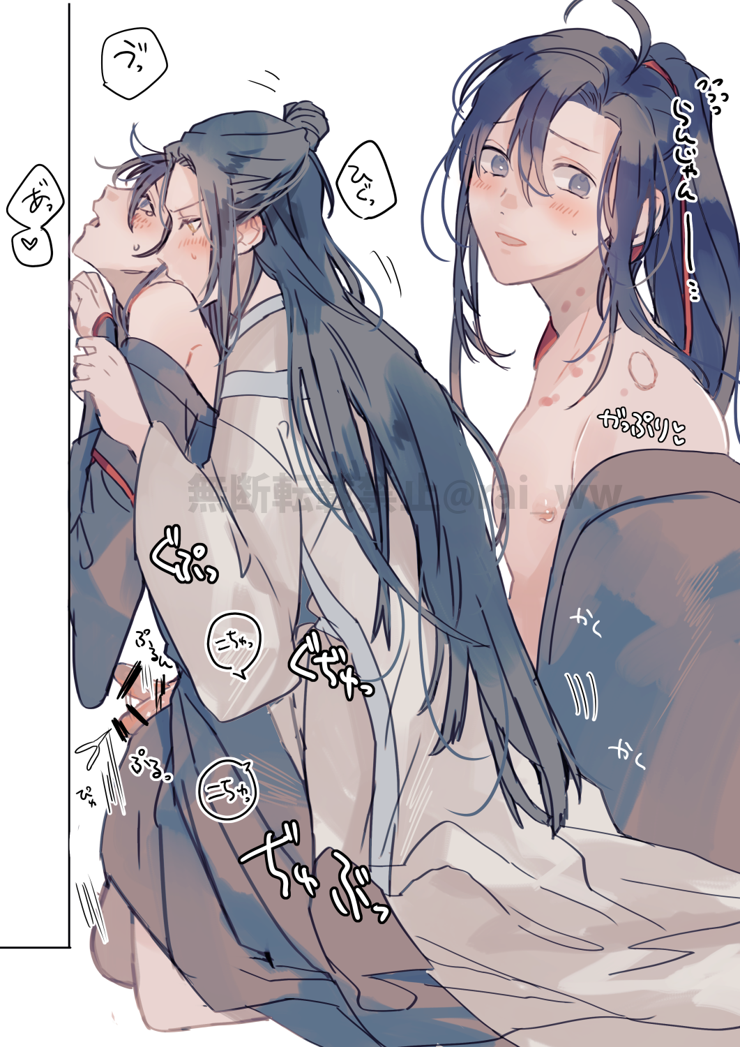 amana raika, lan wangji, wei wuxian, modao zushi, highres, 2boys, against wall, ahoge, anal, bar censor, bare shoulders, bishounen, bite mark, biting shoulder, black hair, black hanfu, blush, censored, chinese clothes, cum, ejaculation, erection, flying sweatdrops, grey eyes, hair between eyes, hair ribbon, hanfu, heart, hickey, high ponytail, holding another's wrist, kneeling, long hair, long sleeves, looking at another, looking at viewer, male focus, male penetrated, multiple boys, multiple views, nipples, off shoulder, open clothes, open mouth, open robe, penis, ponytail, red ribbon, ribbon, robe, sex, sex from behind, sidelocks, simple background, smile, sound effects, speech bubble, sweat, tears, topknot, twitter username, watermark, white background, white hanfu, wide sleeves, yaoi, yellow eyes