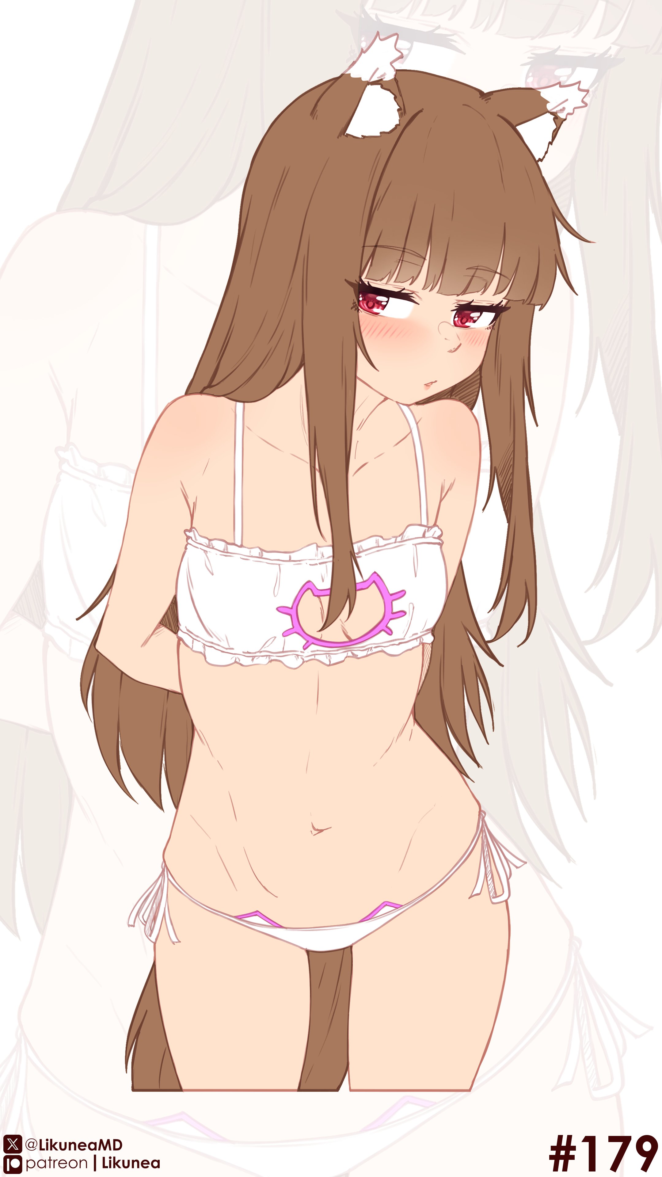 likunea, holo, spice and wolf, absurdres, commentary, english commentary, highres, 1girl, animal ears, arms behind back, blush, bra, breasts, brown hair, cat cutout, cat ear panties, cat lingerie, cleavage cutout, clothing cutout, fang, frilled bra, frills, long hair, looking at viewer, navel, panties, patreon logo, patreon username, side-tie panties, simple background, small breasts, solo, stomach, tail, twitter username, twitter x logo, underwear, underwear only, white bra, white panties, wolf ears, wolf girl, wolf tail, zoom layer