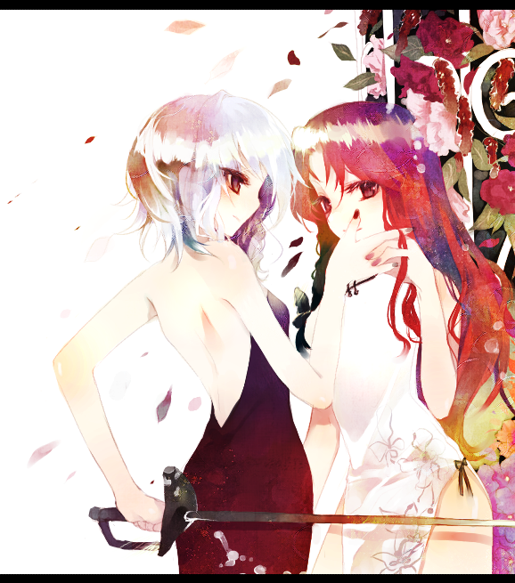 prino hawell, hong meiling, izayoi sakuya, touhou, 2girls, bare shoulders, china dress, chinese clothes, dress, female focus, letterboxed, multiple girls, plant, sword, weapon, white background