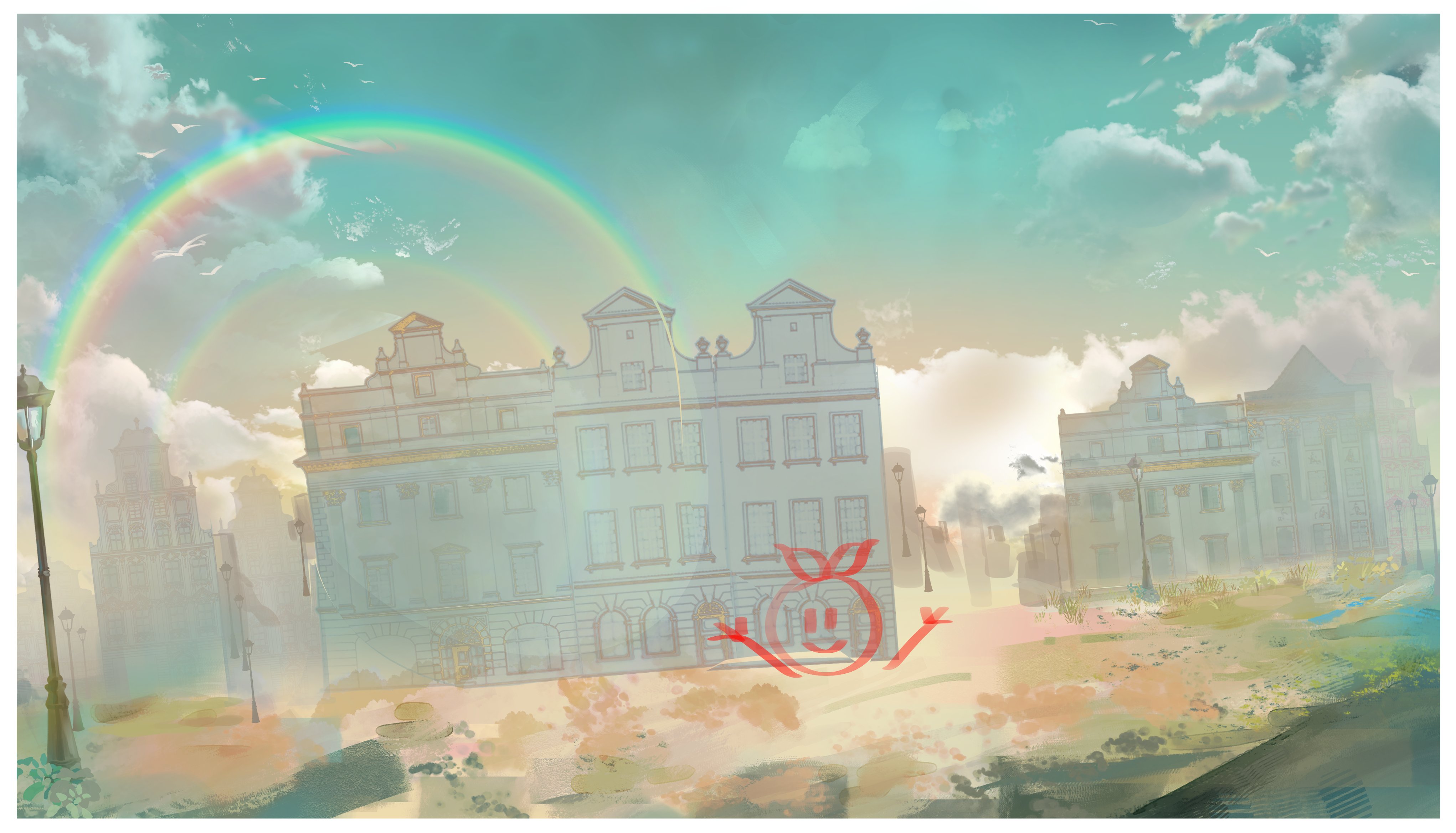 genshin impact, absurdres, highres, archionturkey, border, building, cloud, cloudy sky, day, lamppost, no humans, outdoors, painterly, rainbow, scenery, simple bird, sky, white border