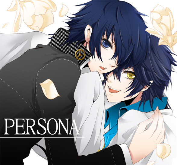 kobanagi, shadow (persona), shirogane naoto, atlus, persona, persona 4, bad id, bad pixiv id, 2girls, androgynous, blue eyes, blue hair, dark persona, dual persona, flower, lab coat, long sleeves, multiple girls, petals, reverse trap, school uniform, short hair, sleeves past wrists, yellow eyes