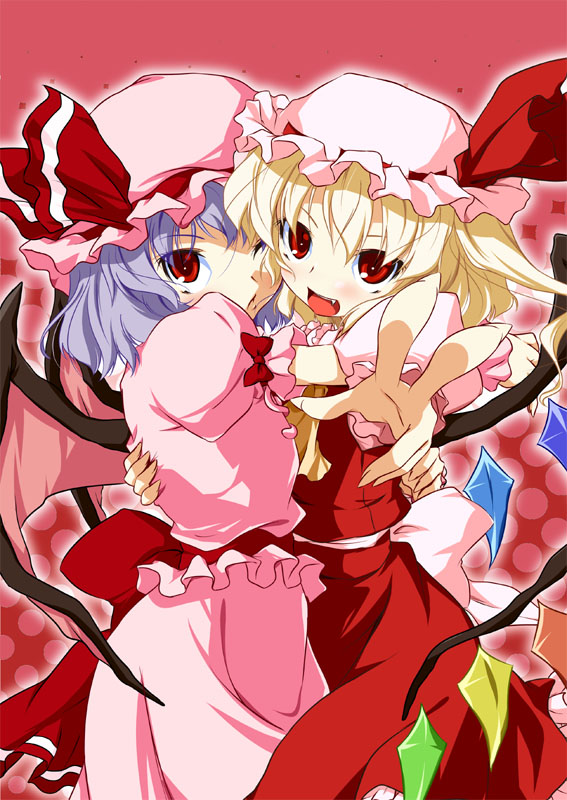 ko-chin, kochin, flandre scarlet, remilia scarlet, touhou, light purple hair, bad id, bad pixiv id, 2girls, bat wings, blonde hair, fang, female focus, hat, hug, multiple girls, one eye closed, one side up, ponytail, red eyes, short hair, siblings, side ponytail, sisters, v, wings, wink