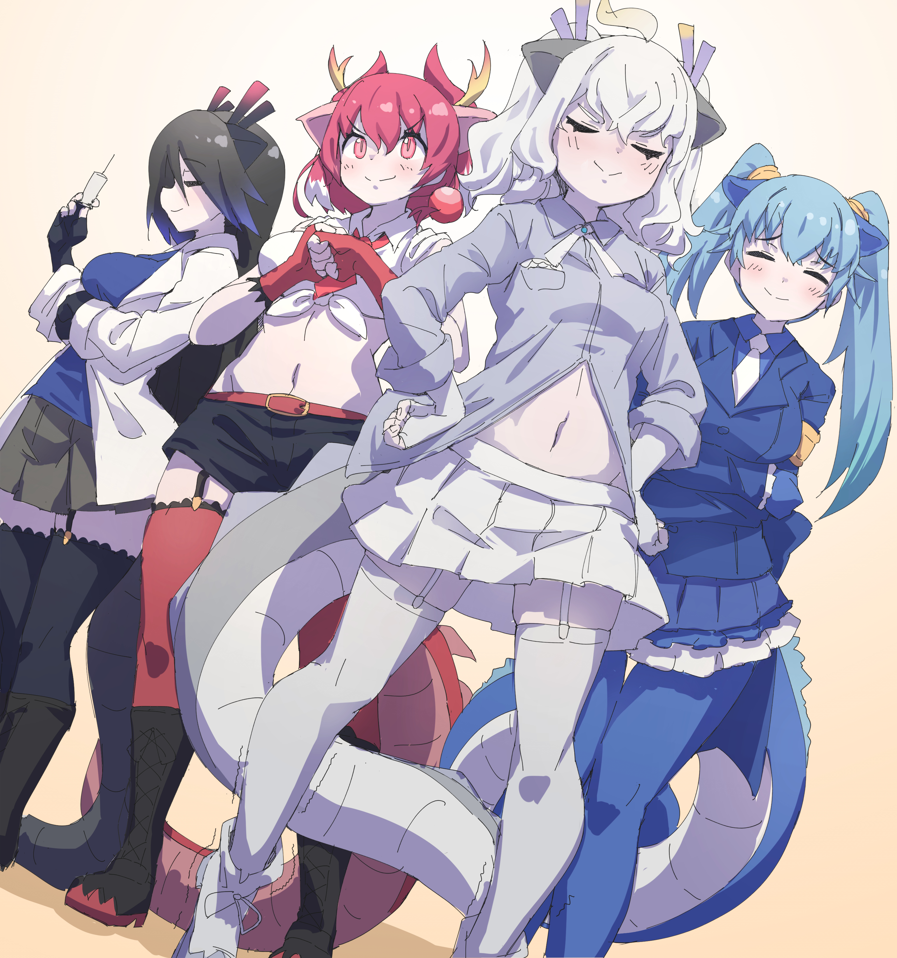 lowlandgorilla, black dragon (kemono friends), blue dragon (kemono friends), red dragon (kemono friends), white dragon (kemono friends), kemono friends, absurdres, highres, 4girls, animal ears, black boots, black gloves, black hair, black shorts, black skirt, black thighhighs, blue gloves, blue hair, blue jacket, blue pantyhose, blue shirt, blue skirt, blush, boots, bow, bowtie, closed eyes, coat, collared shirt, dragon ears, dragon girl, dragon horns, dragon tail, elbow gloves, fingerless gloves, frilled gloves, frilled skirt, frilled sleeves, frilled thighhighs, frills, garter straps, gloves, gradient hair, grey shirt, hair between eyes, hair over one eye, hands on own hips, horns, jacket, lab coat, long hair, long sleeves, midriff peek, multicolored hair, multiple girls, navel, necktie, open clothes, open coat, pantyhose, pleated skirt, red gloves, red hair, red necktie, red thighhighs, shirt, short hair, short shorts, short twintails, shorts, sidelocks, skirt, smile, syringe, tail, thighhighs, tied shirt, twintails, white boots, white bow, white bowtie, white coat, white gloves, white hair, white necktie, white shirt, white skirt, white thighhighs, zettai ryouiki