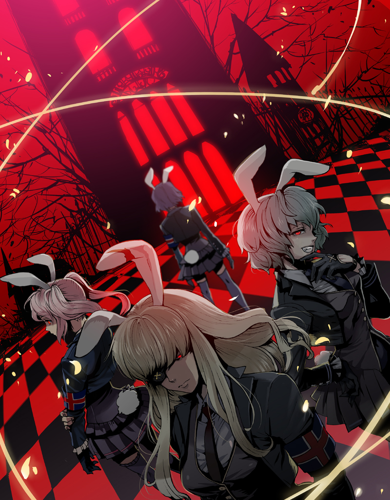 agasang, chiester00, chiester410, chiester45, chiester556, chiester sisters, umineko no naku koro ni, uniform, 00s, 4girls, animal ears, armband, bare tree, blonde hair, checkered floor, clock, clock tower, dutch angle, eyepatch, floor, gloves, glowing, glowing eye, green hair, grin, multiple girls, necktie, perspective, petals, pink hair, purple hair, rabbit ears, red eyes, red theme, short hair, skirt, smile, thighhighs, tower, tree, twintails