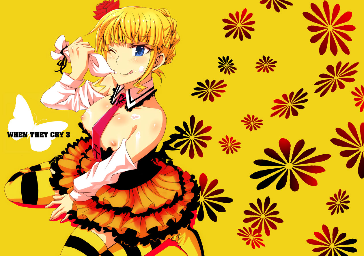 isya, beatrice (umineko), umineko no naku koro ni, bad id, bad pixiv id, 00s, 1girl, blonde hair, blue eyes, breasts, detached sleeves, female focus, medium breasts, necktie, one eye closed, skirt, solo, striped clothes, striped thighhighs, thighhighs, wink