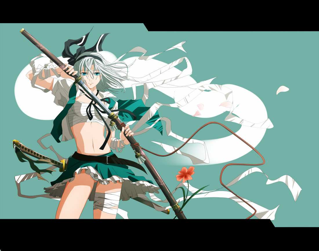 eto, konpaku youmu, konpaku youmu (ghost), touhou, 1girl, aged up, bandages, female focus, flower, green eyes, hitodama, panties, sarashi, solo, sword, underwear, weapon, white hair, wind