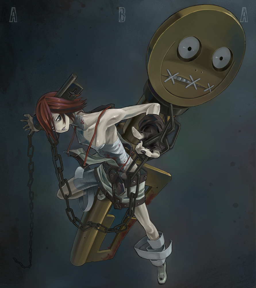 metalinu, a.b.a, paracelsus (guilty gear), arc system works, guilty gear, homunculus, 1girl, bags under eyes, bandages, bare shoulders, blood, blue eyes, breasts, chain, covered erect nipples, female focus, fingerless gloves, gloves, key, key in head, muscular, object through head, pale skin, red hair, short hair, skirt, small breasts, solo