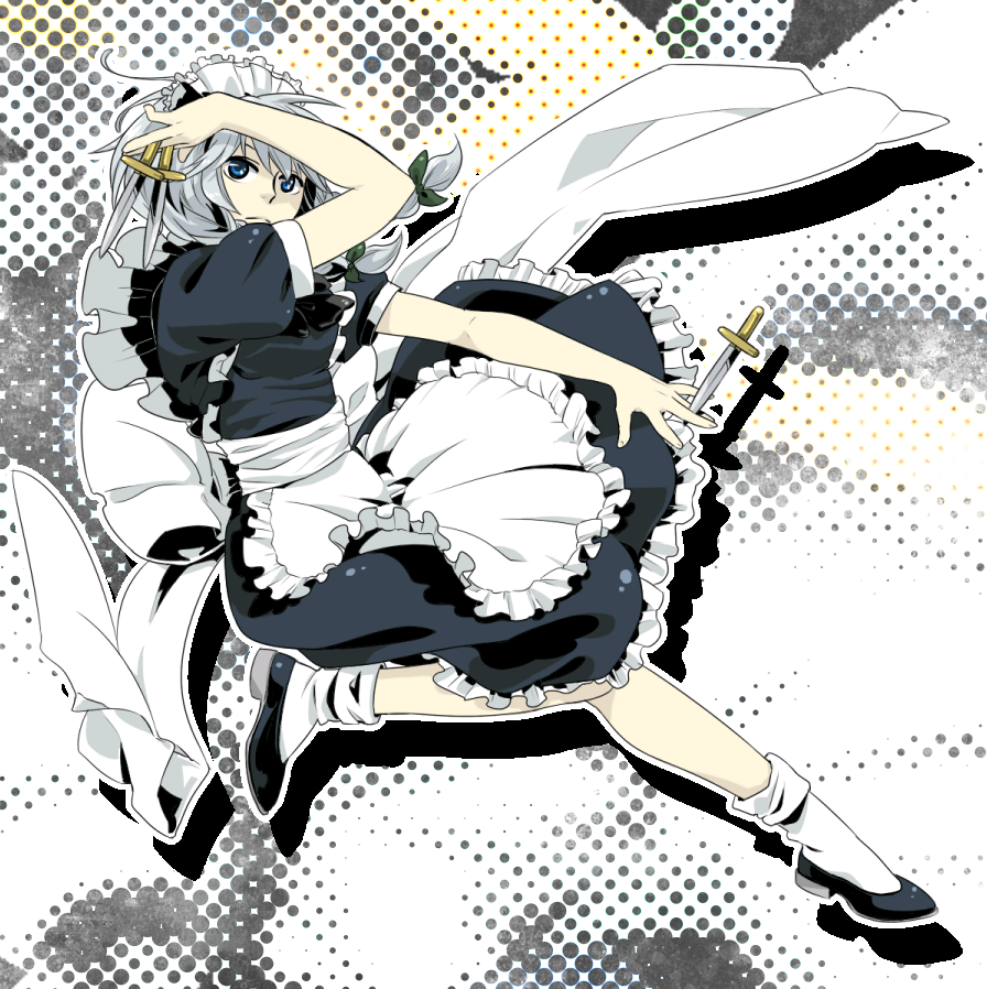 aarue, izayoi sakuya, touhou, silver hair, bad id, bad pixiv id, 1girl, apron, blue eyes, braid, female focus, knife, maid, maid apron, maid headdress, short hair, solo, twin braids