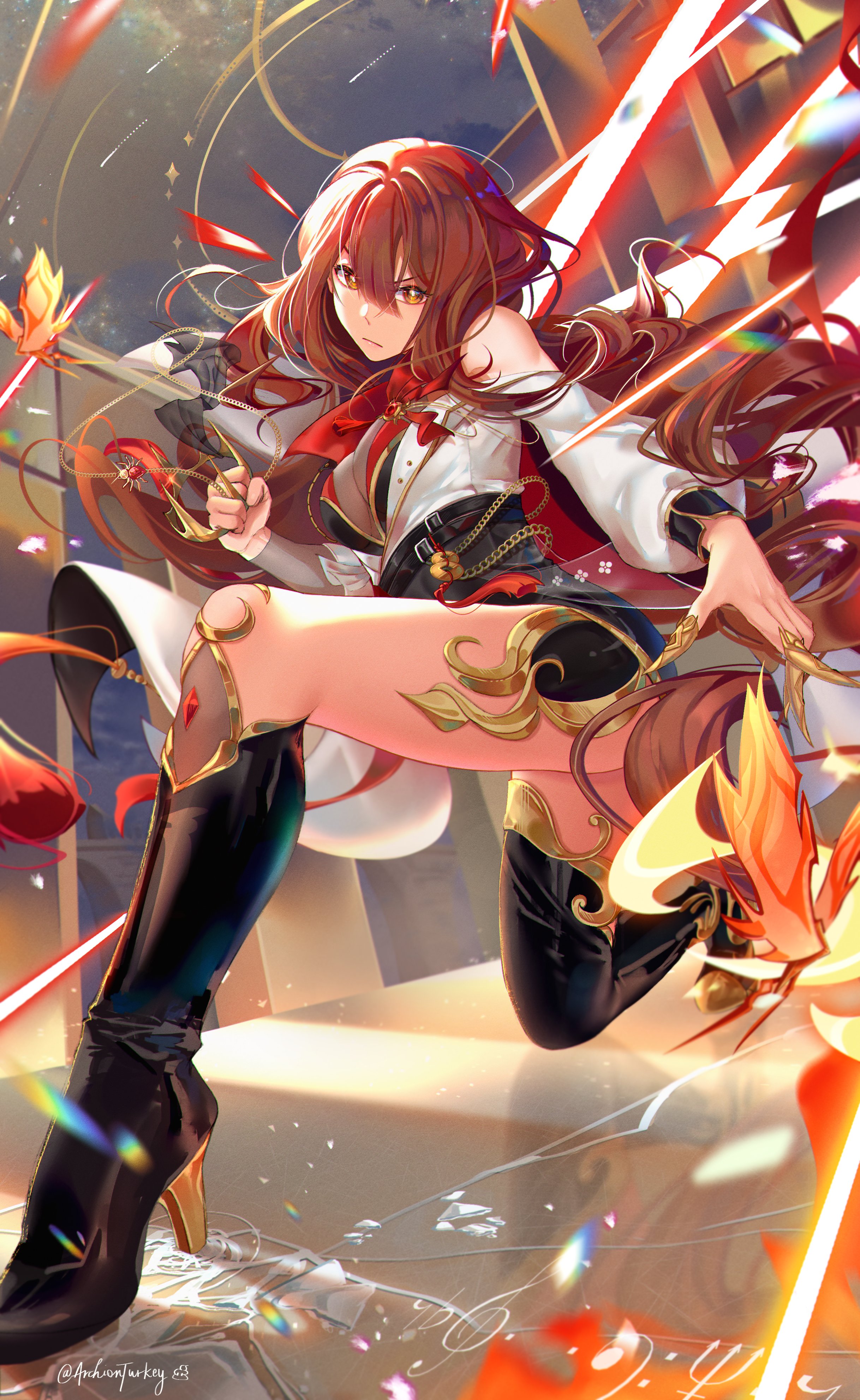 mina aoyama, indie virtual youtuber, absurdres, highres, 1girl, archionturkey, black boots, black shorts, boots, breasts, brooch, cleavage, clenched hand, crack, cracked glass, full body, head tilt, holding, holding jewelry, holding necklace, jewelry, lens flare, long hair, looking at viewer, necklace, on one knee, outstretched arms, red hair, see-through cleavage, see-through clothes, serious, shirt, short shorts, shorts, solo, thigh boots, thighs, tight clothes, white shirt