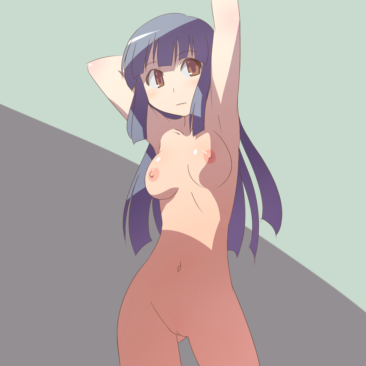 aaaa (quad-a), original, bad id, bad pixiv id, highres, 1girl, arm behind head, armpits, arms up, black hair, blunt bangs, blush, breasts, breasts apart, brown eyes, cleft of venus, collarbone, female focus, long hair, looking at viewer, medium breasts, navel, nipples, nude, pussy, shade, shadow, sidelocks, solo, standing, thigh gap, uncensored