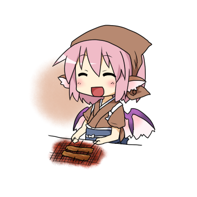 yamabuki (yusuraume), mystia lorelei, okamisty, touhou, lowres, 1girl, chibi, closed eyes, cooking, female focus, hat, pink hair, solo, tasuki, wings