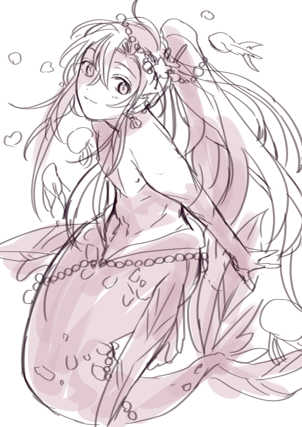 amana raika, wei wuxian, modao zushi, highres, 1boy, air bubble, androgynous, bubble, closed mouth, earrings, fins, fish, full body, hair between eyes, hair ornament, hair ribbon, jewelry, long hair, looking at viewer, male focus, merman, monochrome, monster boy, monsterification, navel, nipples, pectorals, ponytail, ribbon, simple background, sketch, smile, solo, topless male, underwater, very long hair, white background