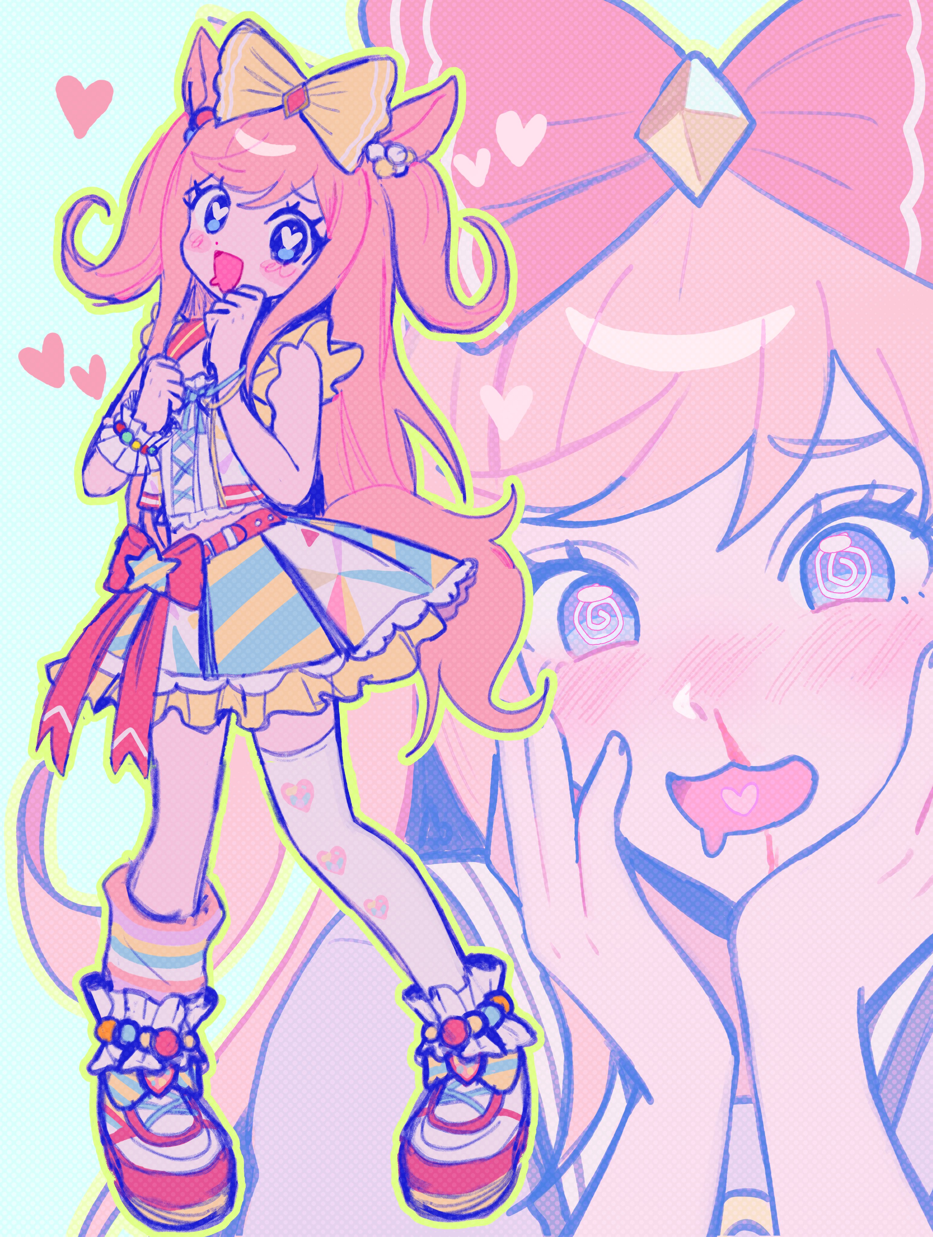 agnes digital (full-color fangirling) (umamusume), agnes digital (umamusume), umamusume, absurdres, commentary, english commentary, highres, 1girl, @ @, animal ears, blood, blue eyes, blue skirt, blush, different zoom layer, full body, heart, heart-shaped pupils, horse ears, horse girl, horse tail, long hair, looking at viewer, multicolored skirt, multiple views, nosebleed, open mouth, orange hair, pechehouse, red shoes, shirt, shoes, skirt, sleeveless, sleeveless shirt, smile, swept bangs, symbol-shaped pupils, tail, white shirt, zoom layer