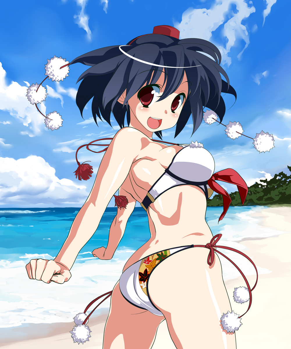 mahan (clock hearts), shameimaru aya, touhou, highres, 1girl, ass, beach, bikini, black hair, day, female focus, hat, looking at viewer, looking back, muscular, open mouth, outdoors, red eyes, short hair, side-tie bikini bottom, smile, solo, swimsuit, tokin hat