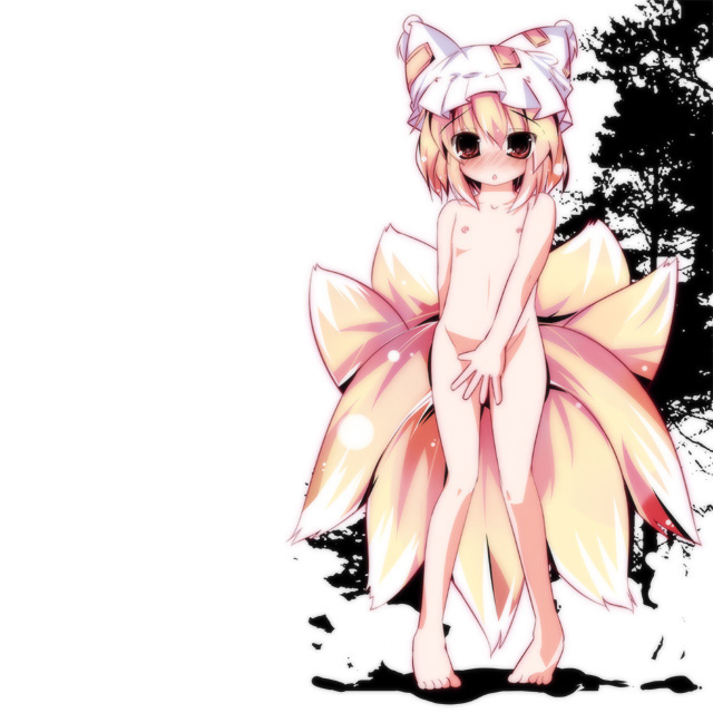 shin no, yamaguchi shinnosuke, yakumo ran, touhou, 1girl, aged down, barefoot, blonde hair, blush, covering crotch, covering privates, female focus, flat chest, fox tail, full body, hat, kitsune, kyuubi, loli, looking at viewer, multiple tails, nine tails, nipples, nude, nude cover, short hair, simple background, solo, standing, tail, white background