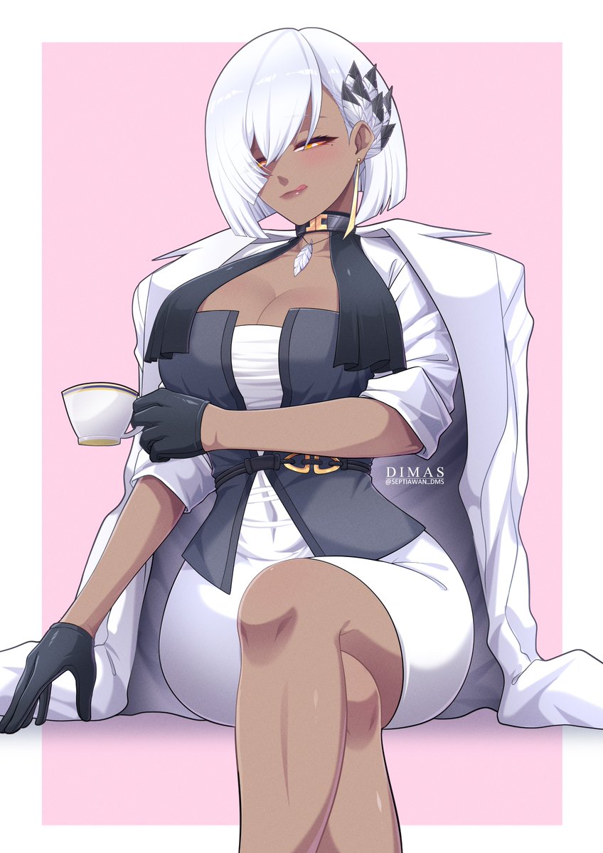 zenless zone zero, 1girl, black corset, black gloves, breasts, cleavage, corset, crossed legs, cup, dark-skinned female, dark skin, earrings, gloves, hair over one eye, holding, holding cup, jacket, jacket on shoulders, jewelry, large breasts, licking lips, mole, mole under eye, narrowed eyes, septiawan dms, short hair, simple background, sitting, solo, teacup, tongue, tongue out, tops consultant (zenless zone zero), white hair, white jacket