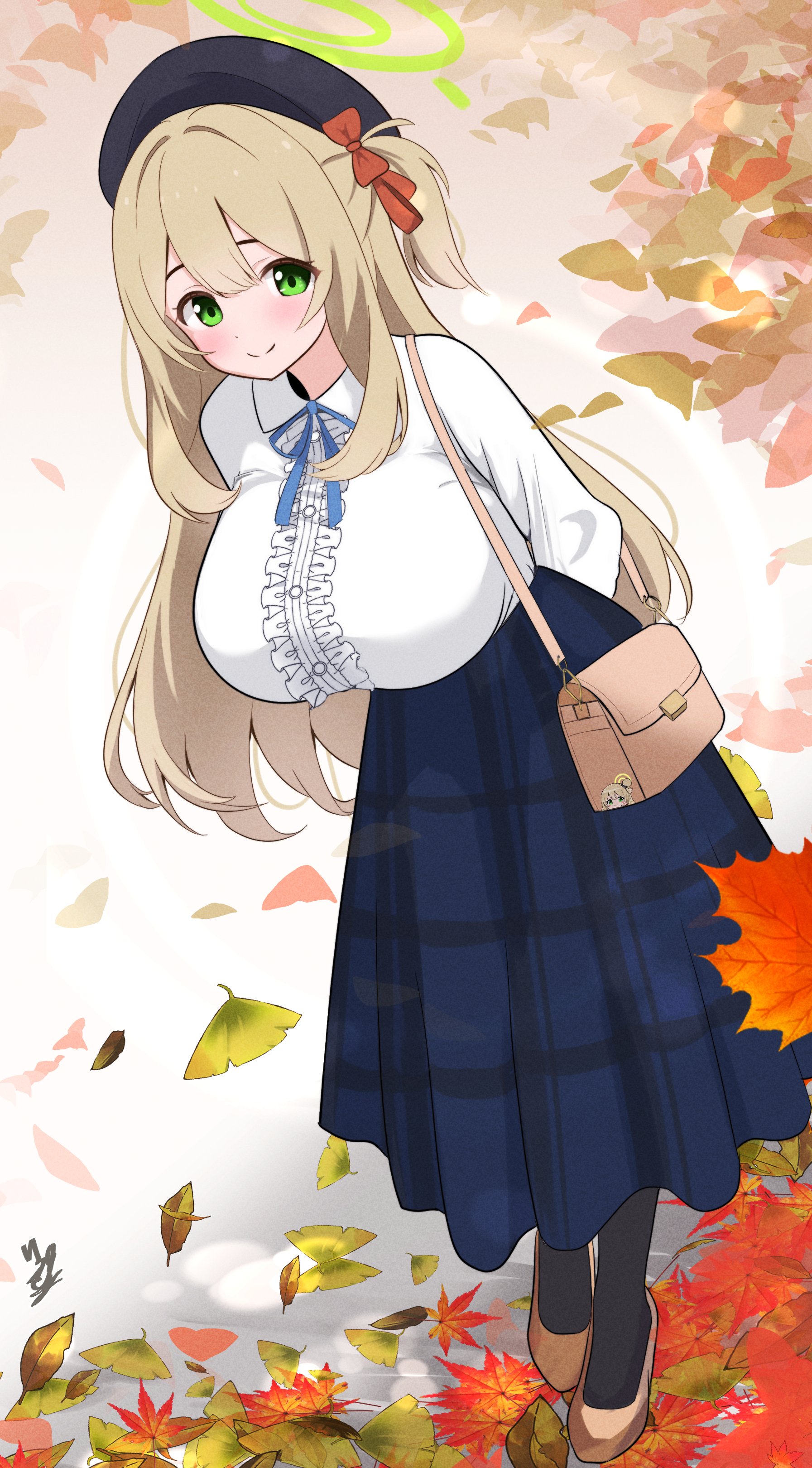 rikki, nonomi (blue archive), blue archive, absurdres, commentary request, highres, 1girl, alternate costume, alternate hairstyle, arms behind back, autumn leaves, bag, black hat, black pantyhose, blue skirt, blush, breasts, brown bag, brown hair, brown shoes, casual, character sticker, collared shirt, dot nose, full body, green eyes, green halo, hair between eyes, hair intakes, halo, hat, large breasts, leaf, leaning forward, long hair, long skirt, looking at viewer, neck ribbon, one side up, pantyhose, plaid clothes, plaid skirt, ribbon, shirt, shoes, shoulder bag, skirt, smile, solo, standing, sticker, white shirt