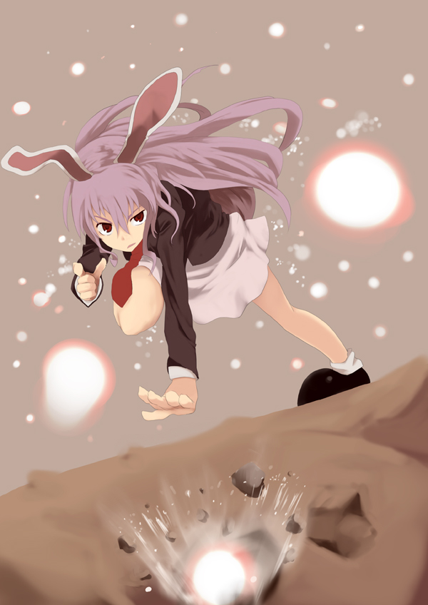 mieharu, reisen udongein inaba, touhou, 1girl, action, animal ears, female focus, necktie, purple hair, rabbit ears, red necktie, solo
