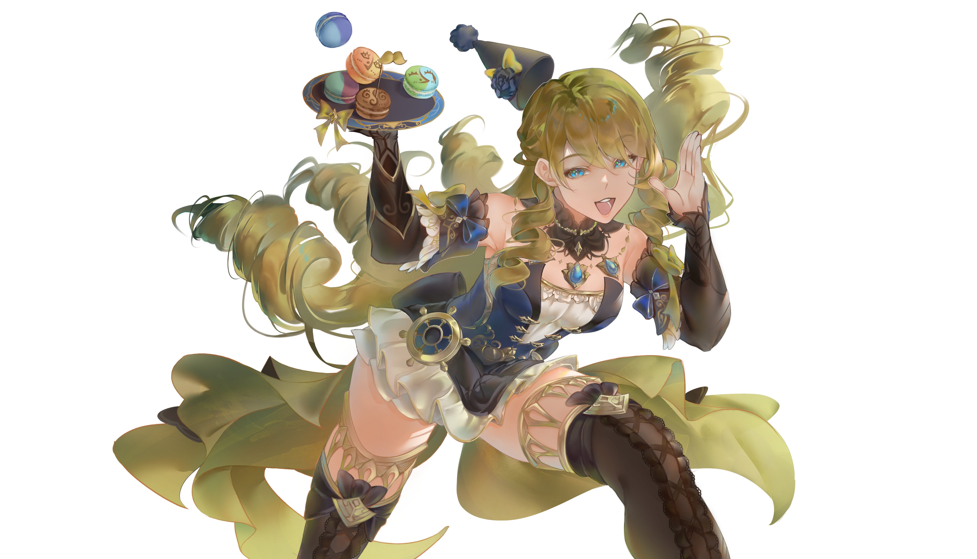 navia (genshin impact), genshin impact, absurdres, highres, 1girl, :p, archionturkey, black thighhighs, blonde hair, blue dress, breasts, brooch, collar, curly hair, day, dessert, detached sleeves, dress, food, grin, hand up, hat, holding, holding plate, jewelry, leaning forward, long hair, looking at viewer, macaron, multiple drills, party hat, pendant, plate, simple background, smile, solo, thighhighs, tongue, tongue out, very long hair, walking, white background, zettai ryouiki