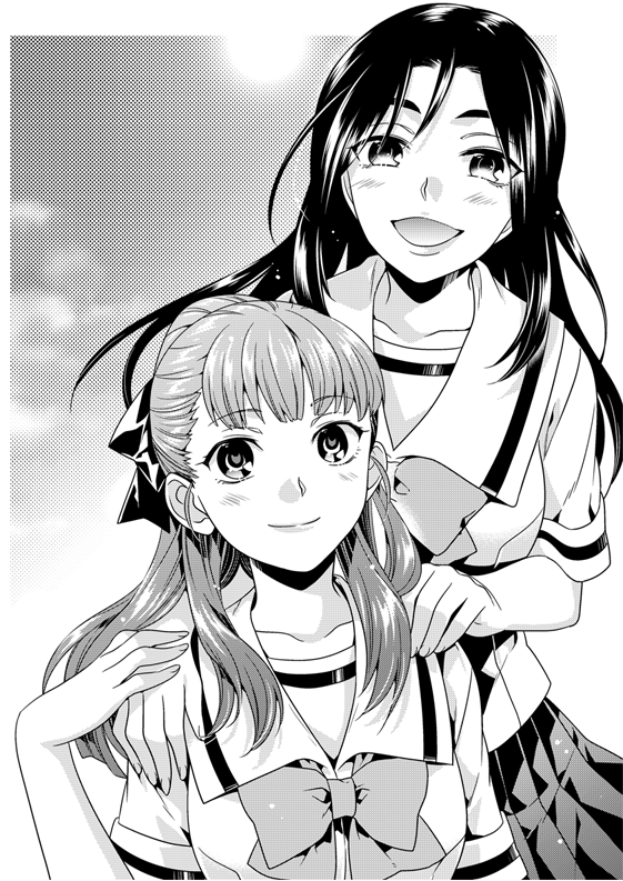 ikuhashi muiko, irei mizuka, senomiya misaki, robotics;notes, science adventure, shiny eyes, 2girls, :d, aged down, alternate hairstyle, blunt bangs, blush, bow, breasts, chest bow, chuo tanegashima high school uniform, collarbone, greyscale, hair bow, large breasts, lips, long hair, looking at viewer, medium breasts, monochrome, multiple girls, open mouth, pleated skirt, ribbon, school uniform, shirt, short sleeves, skirt, smile, upper body