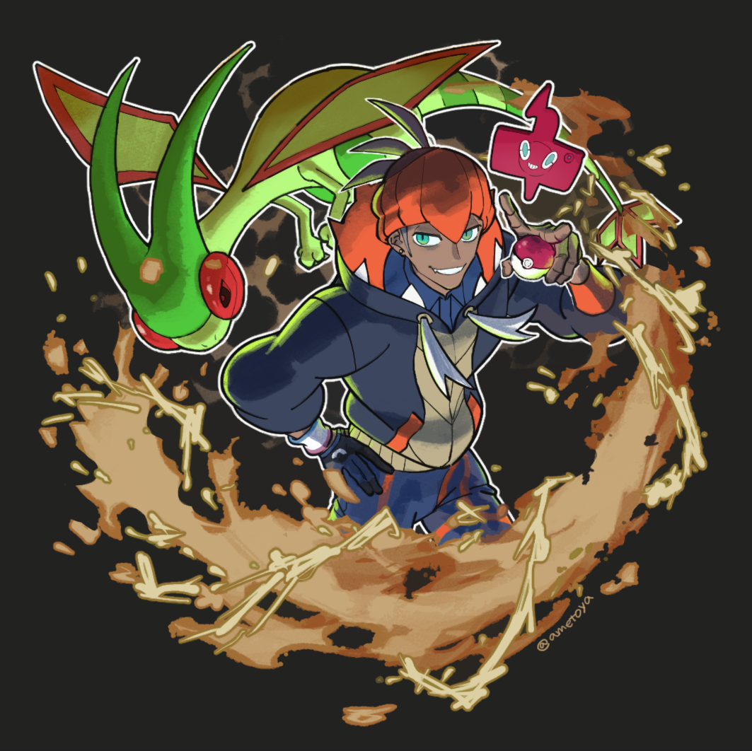 ametoya, flygon, raihan (pokemon), rotom, rotom phone, nintendo, pokemon, pokemon swsh, commentary request, 1boy, black gloves, blue pants, dark-skinned male, dark skin, gen 3 pokemon, gen 4 pokemon, gloves, green eyes, grey background, grin, hand on own hip, looking at viewer, male focus, pants, poke ball, poke ball (basic), pokemon (creature), smile