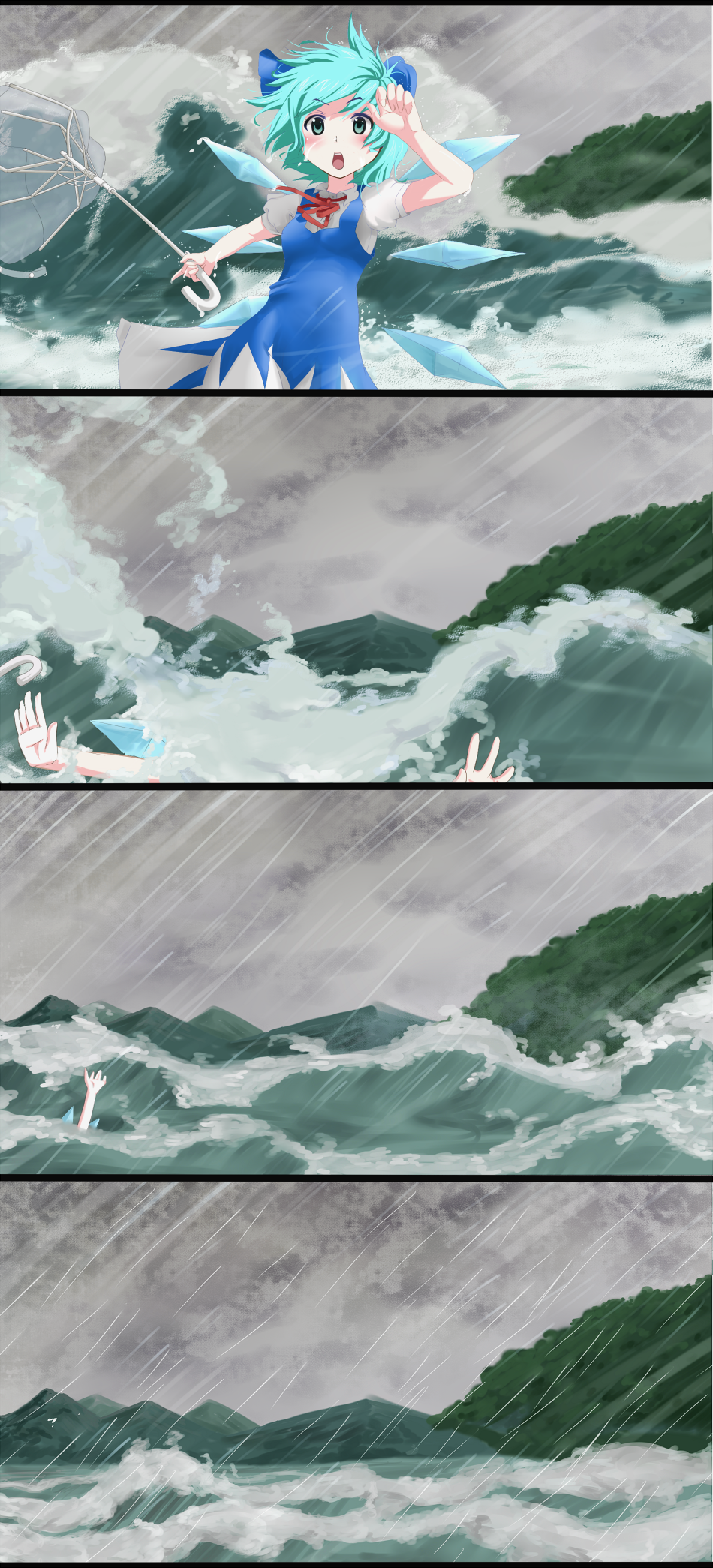 shio satou, cirno, embodiment of scarlet devil, touhou, highres, 4koma, blouse, blue eyes, blue hair, collared shirt, comic, dress, open mouth, pinafore dress, shirt, silent comic, sleeveless, sleeveless dress, solo, storm, umbrella, water, white shirt, wings