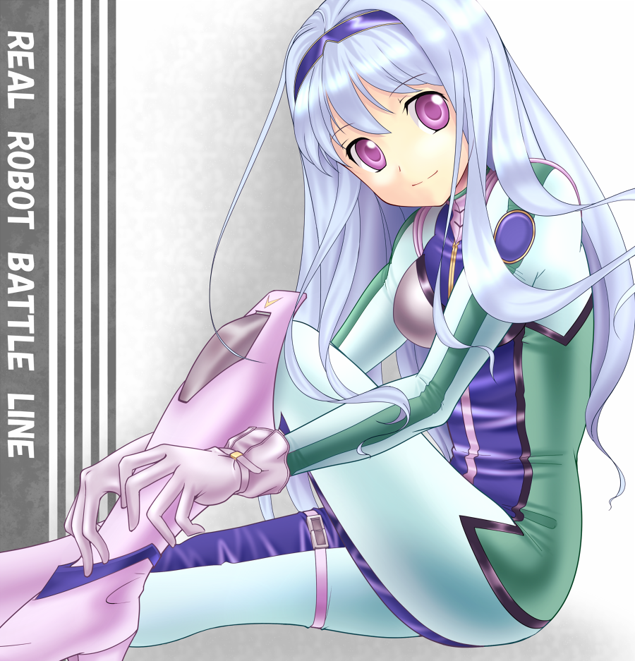 mikeneko (stray-sheep), musica fareden, banpresto, real robot battle line, super robot wars, 1girl, blue hair, bodysuit, boots, female focus, gloves, hairband, purple eyes, smile, solo, thigh boots, thighhighs