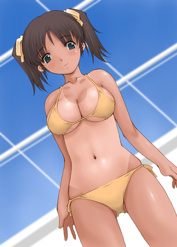 ishida masayuki, original, lowres, 1girl, bikini, black hair, breasts, cleavage, dutch angle, female focus, green eyes, large breasts, navel, one-piece tan, short hair, solo, swimsuit, tan, tanline, twintails, yellow bikini