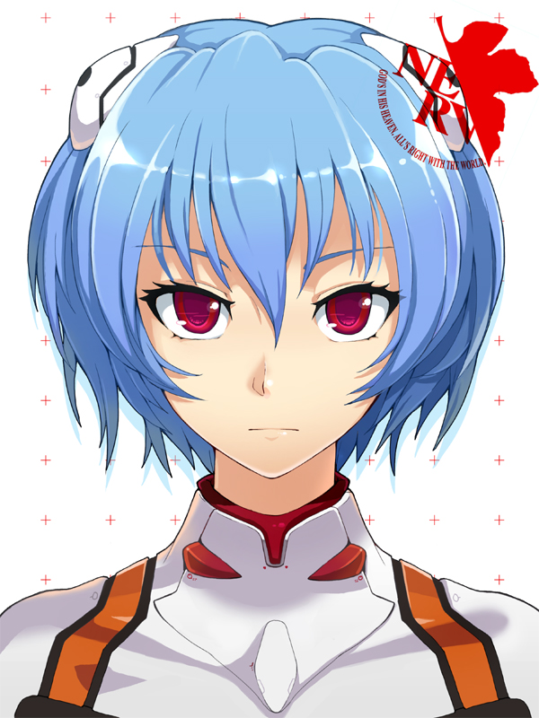 armcho, ayanami rei, neon genesis evangelion, bad id, bad pixiv id, 1girl, blue hair, close-up, female focus, mecha pilot suit, nerv, plugsuit (evangelion), portrait, red eyes, short hair, solo, upper body, white background