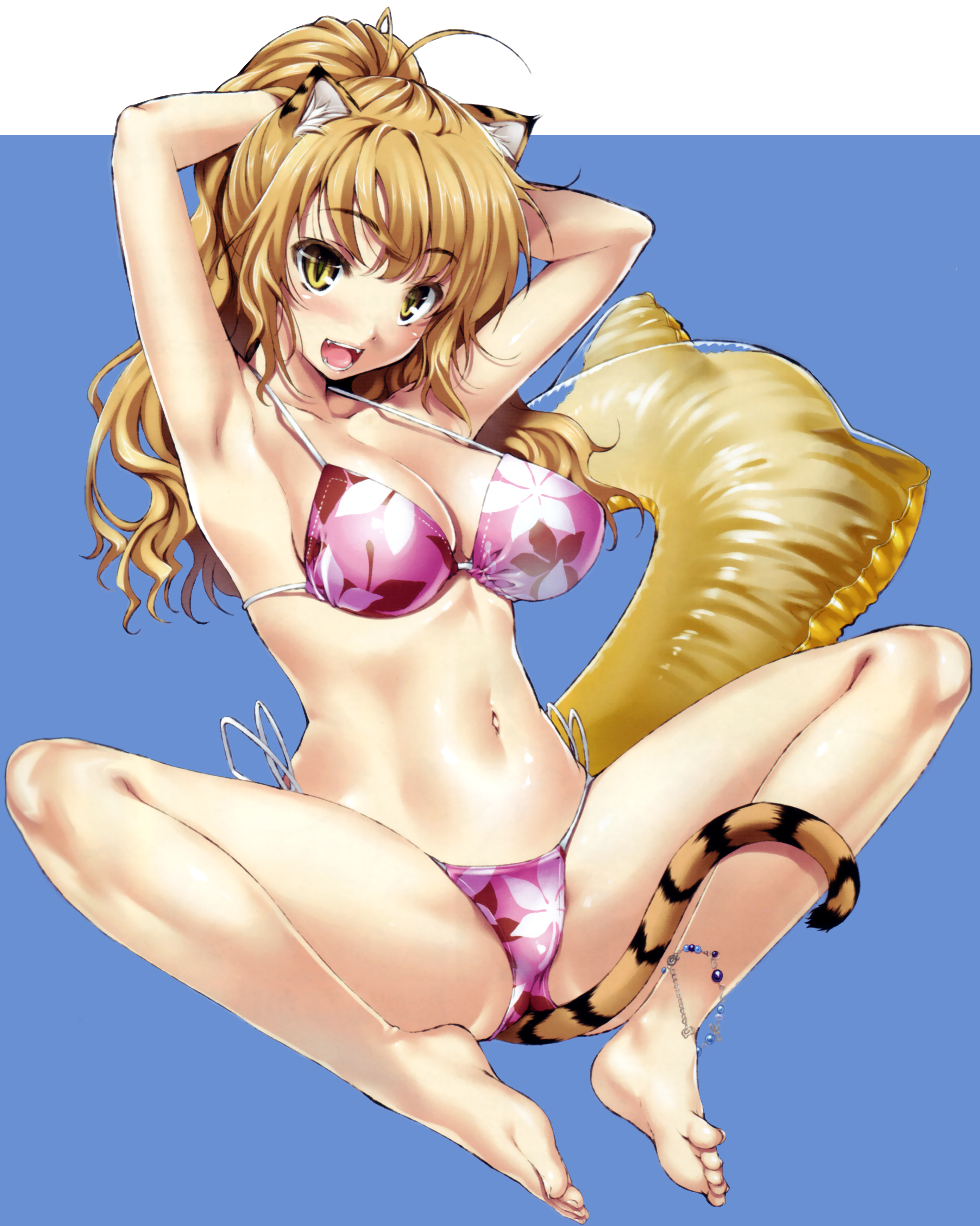 cle masahiro, original, absurdres, highres, non-web source, 1girl, adjusting hair, animal ears, anklet, armpits, arms behind head, arms up, barefoot, bikini, blonde hair, breasts, cat ears, cat tail, fangs, feet, female focus, floral print, innertube, jewelry, large breasts, legs, pink bikini, print bikini, side-tie bikini bottom, simple background, slit pupils, solo, spread legs, swim ring, swimsuit, tail, thighs, tiger ears, tiger tail, toes, yellow eyes