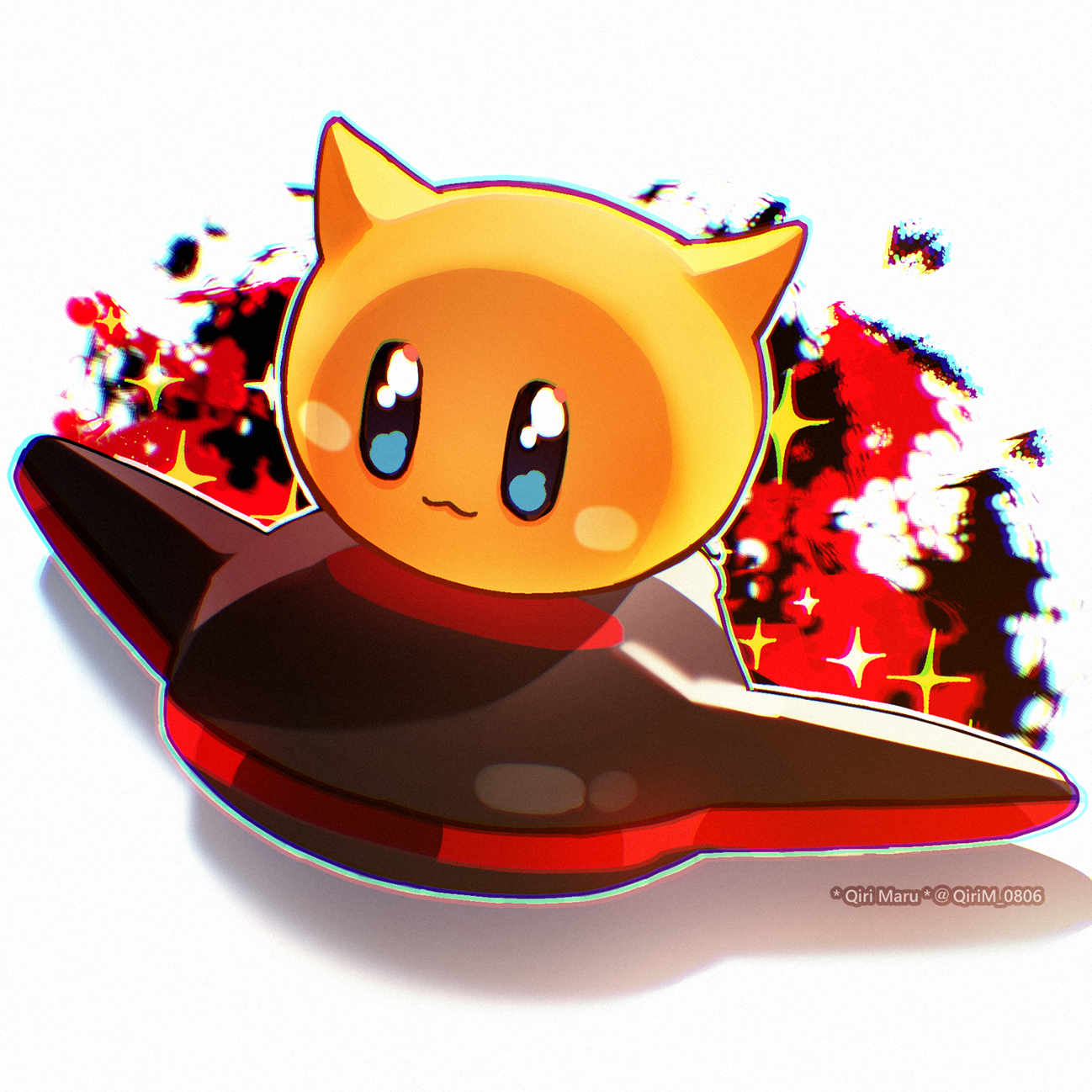 qiri maru, scarfy, kirby (series), kirby air ride, kirby air riders, nintendo, highres, :3, blush stickers, colored skin, looking at viewer, no humans, orange skin, outline, solo, sparkle, twitter username, vampire star, white outline