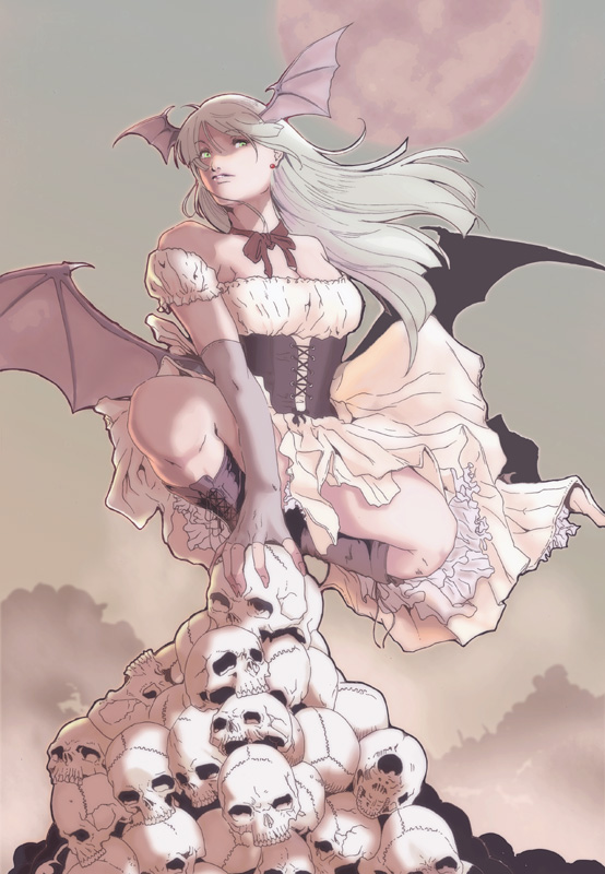 okazuwa shake, morrigan aensland, capcom, darkstalkers, 1girl, alternate costume, bare shoulders, bat eings, bat wings, boots, corset, demon girl, earrings, elbow gloves, female focus, fingerless gloves, gloves, head wings, jewelry, ribbon, skirt, skull, solo, wings